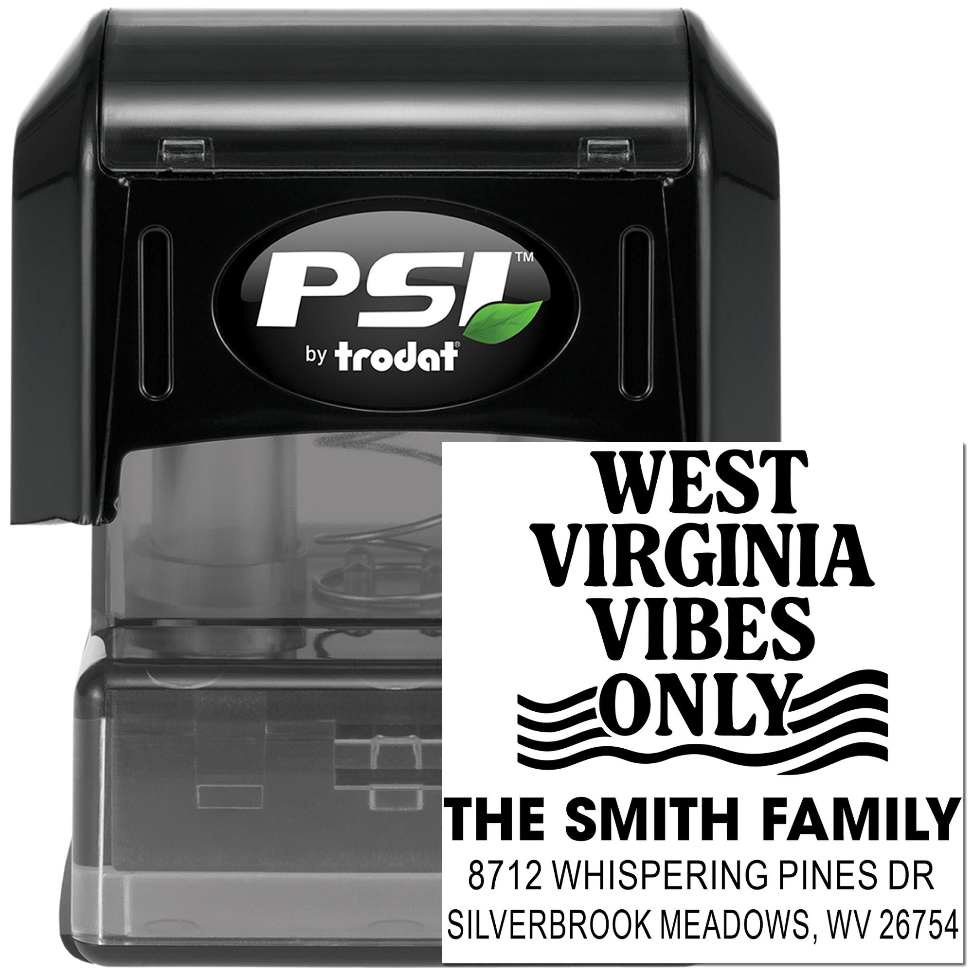 Self-inking PSI by Trodat stamp on white background, featuring custom West Virginia Vibes Only return address imprint for The Smith Family.