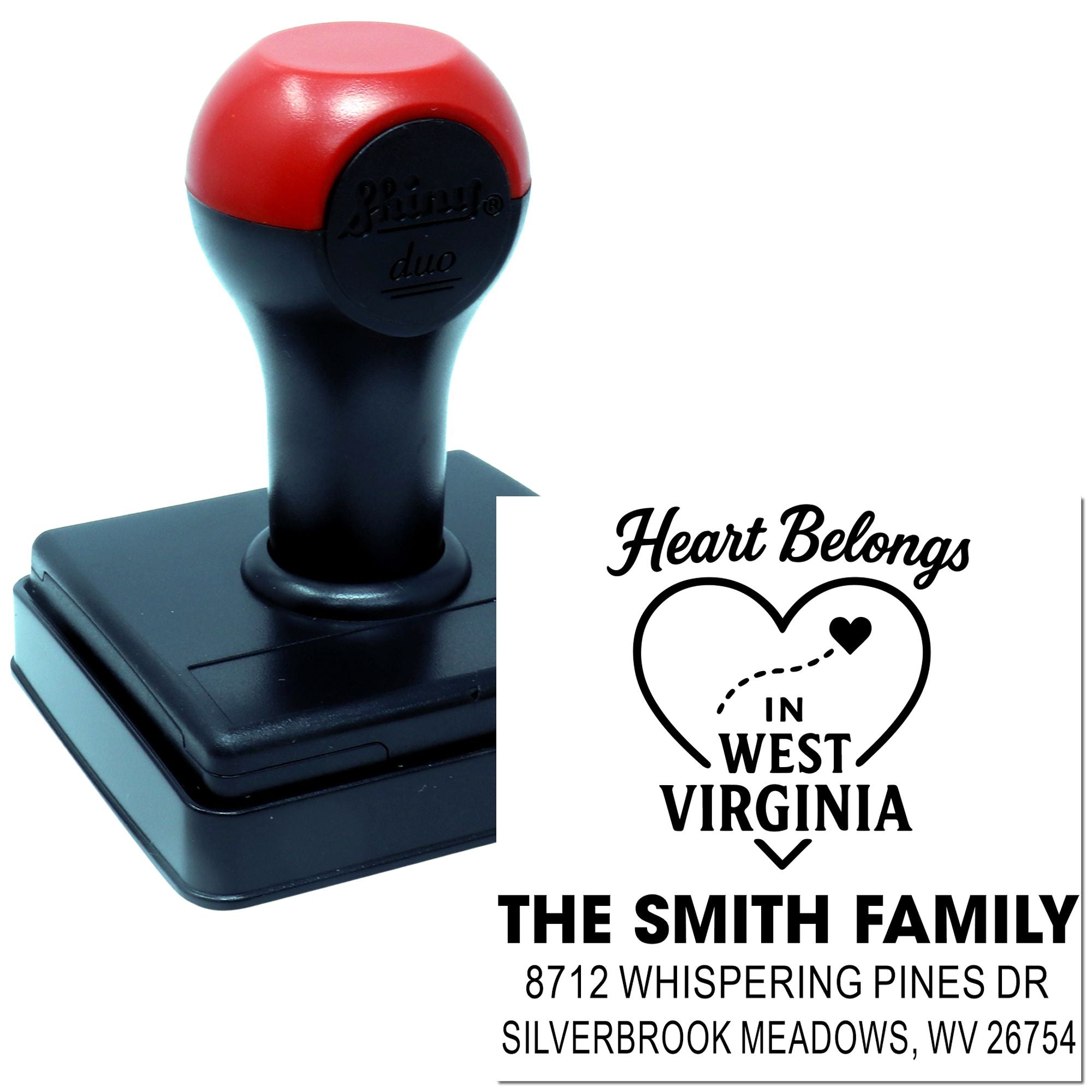 Custom self-inking stamp with red and black handle, featuring a Heart Belongs in West Virginia design and Smith family address on a white background.