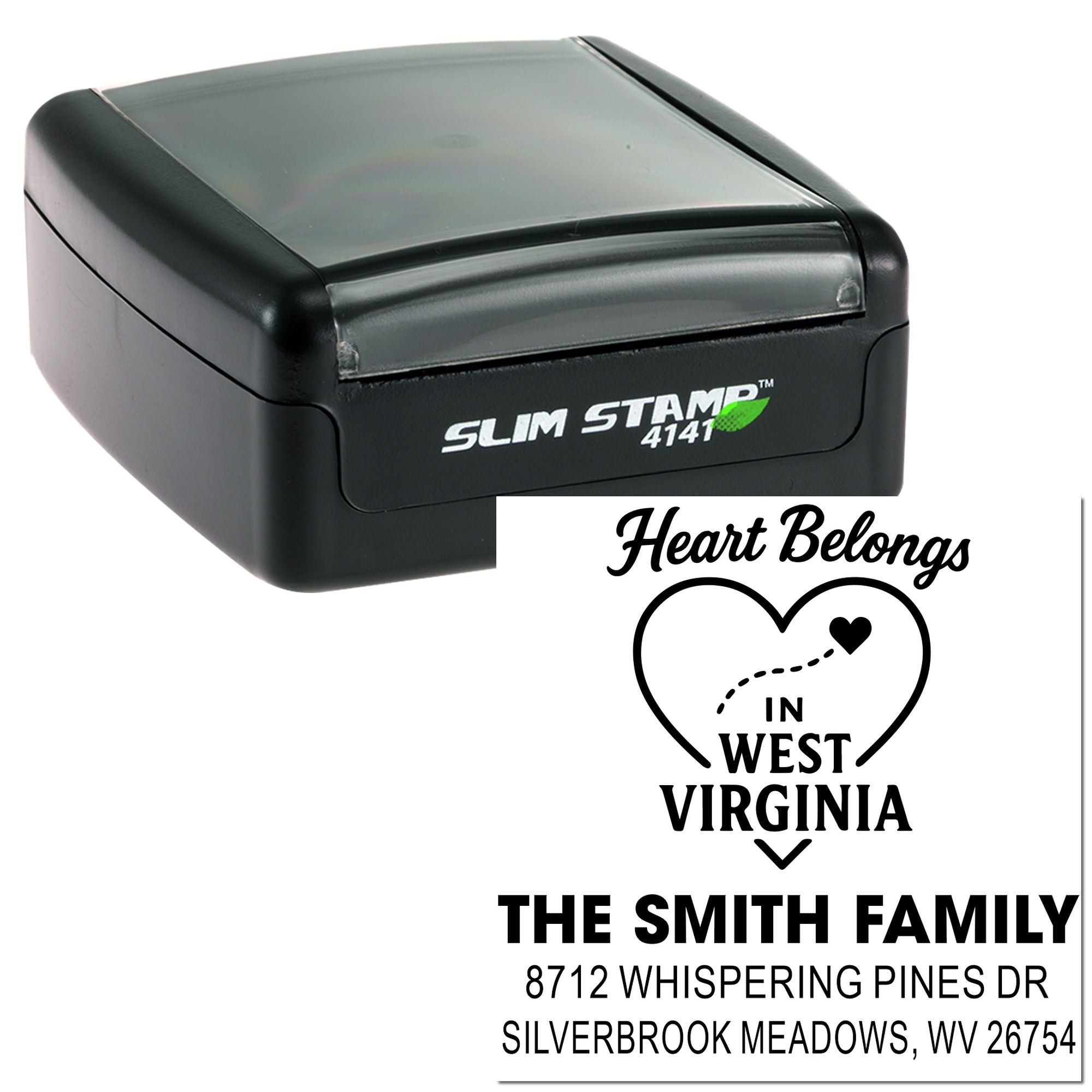 Custom self-inking address stamp with heart-shaped West Virginia design, family name, and return address on a white background.