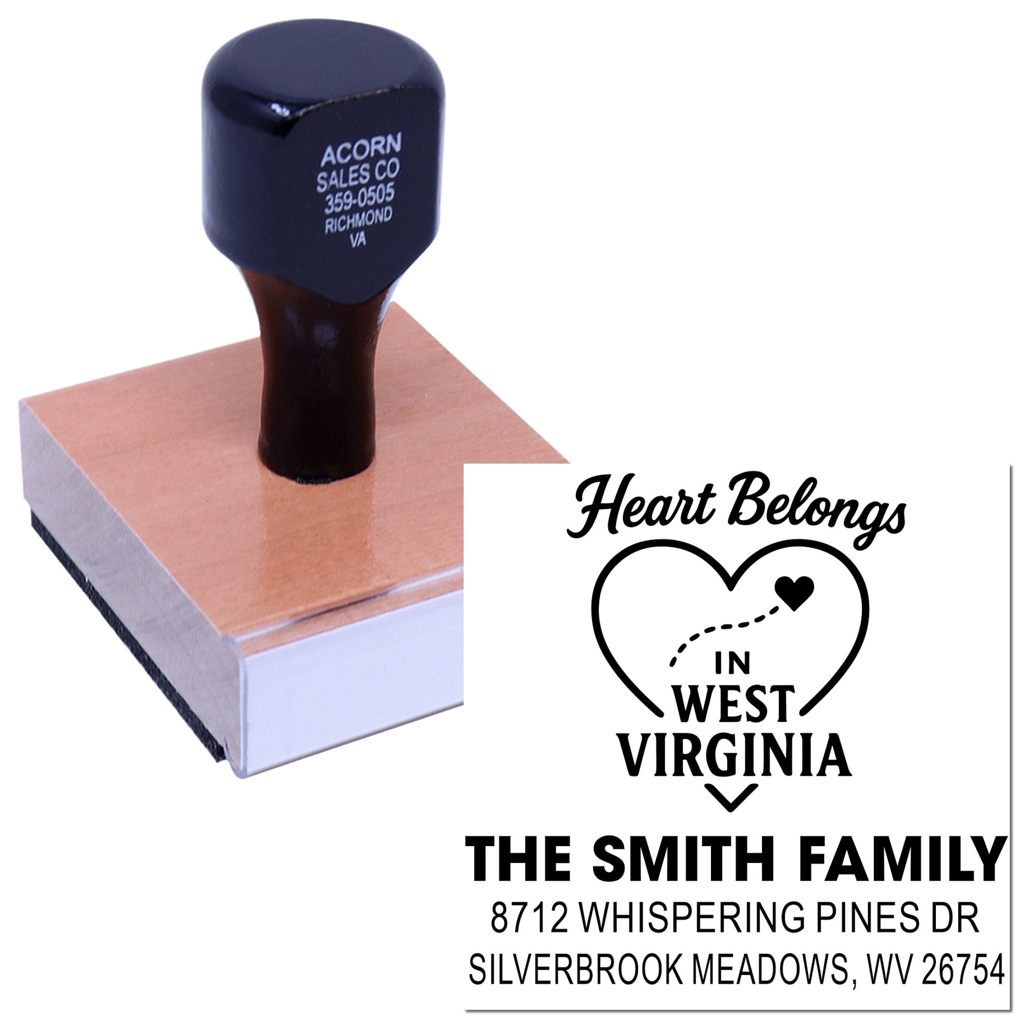 Custom rubber stamps on white background, showing a heart-shaped West Virginia address imprint for the Smith family.
