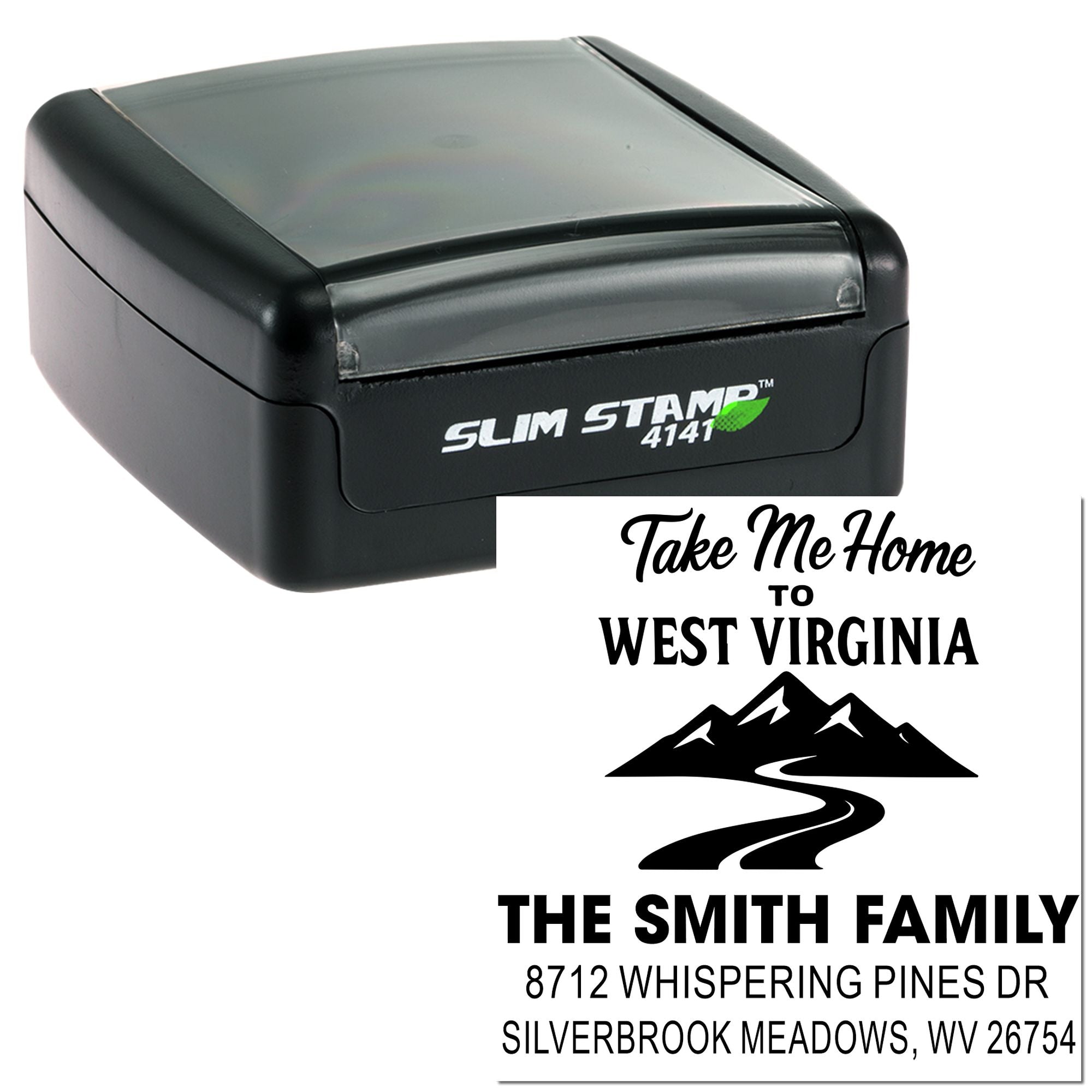 Personalized Slim Stamp showing a black self-inking stamp and custom West Virginia return address design for The Smith Family with mountain logo.