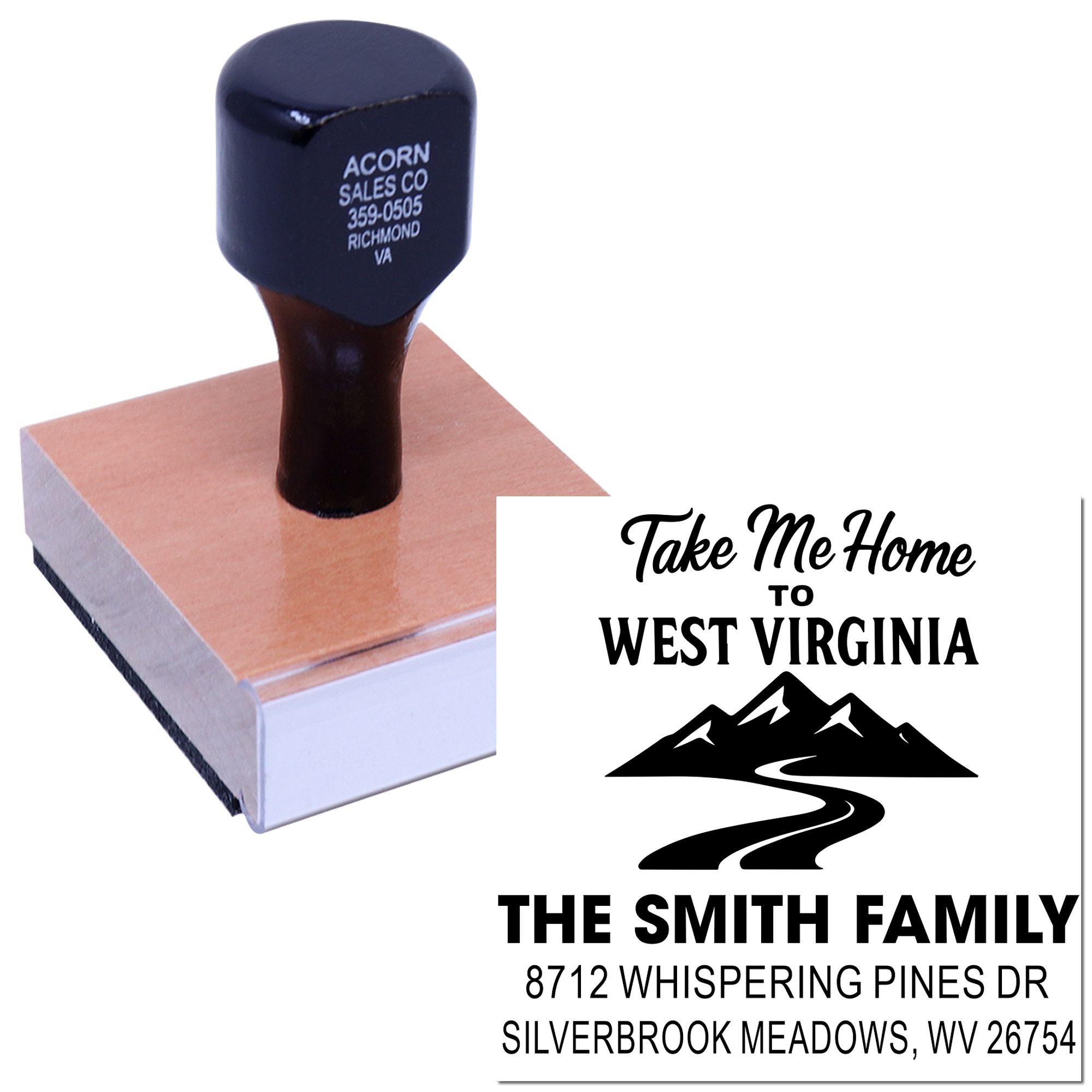 Custom rubber stamp on wooden base with Take Me Home to West Virginia design, mountain graphic, Smith Family name, and address.