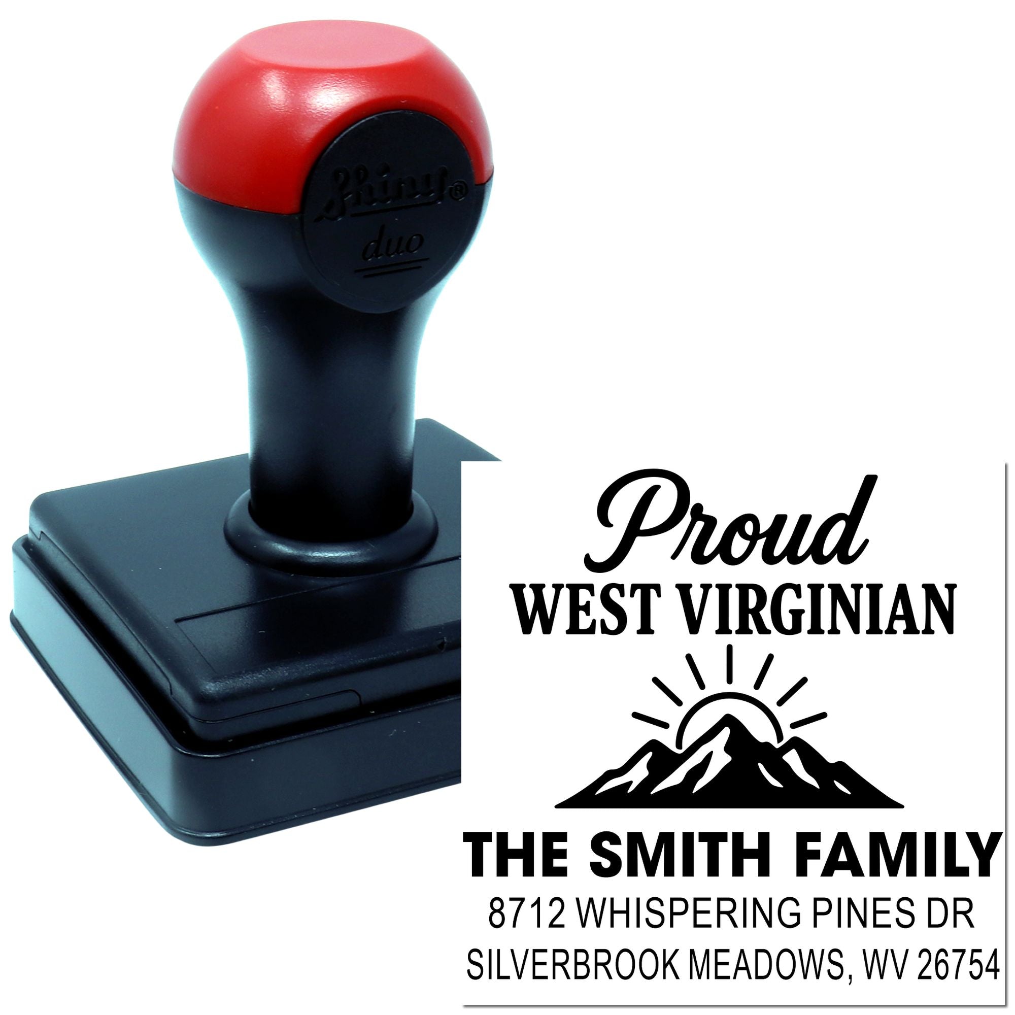 Personalized self-inking address stamp with red and black handle, featuring Proud West Virginian, mountain icon, and Smith family WV address.