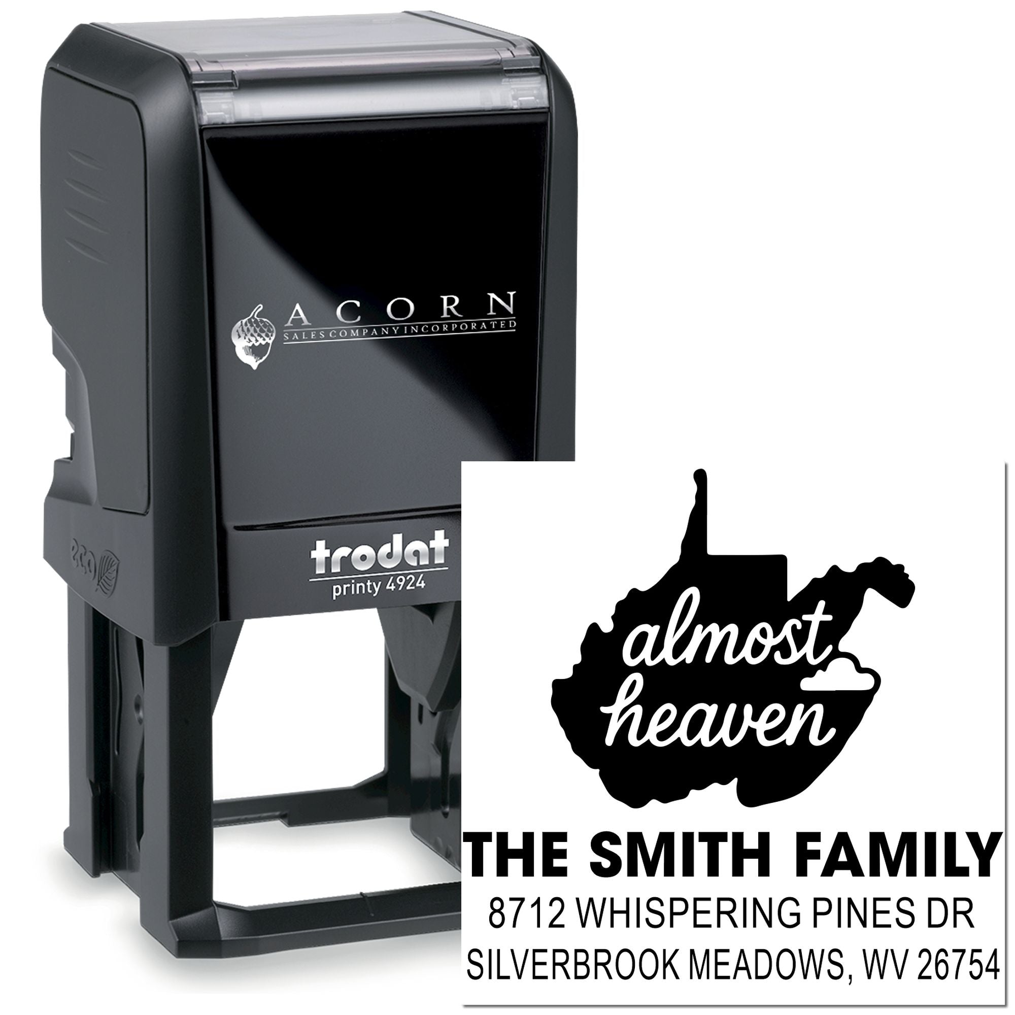 Custom self-inking stamp with West Virginia silhouette, almost heaven text, and The Smith Family address on a white background.