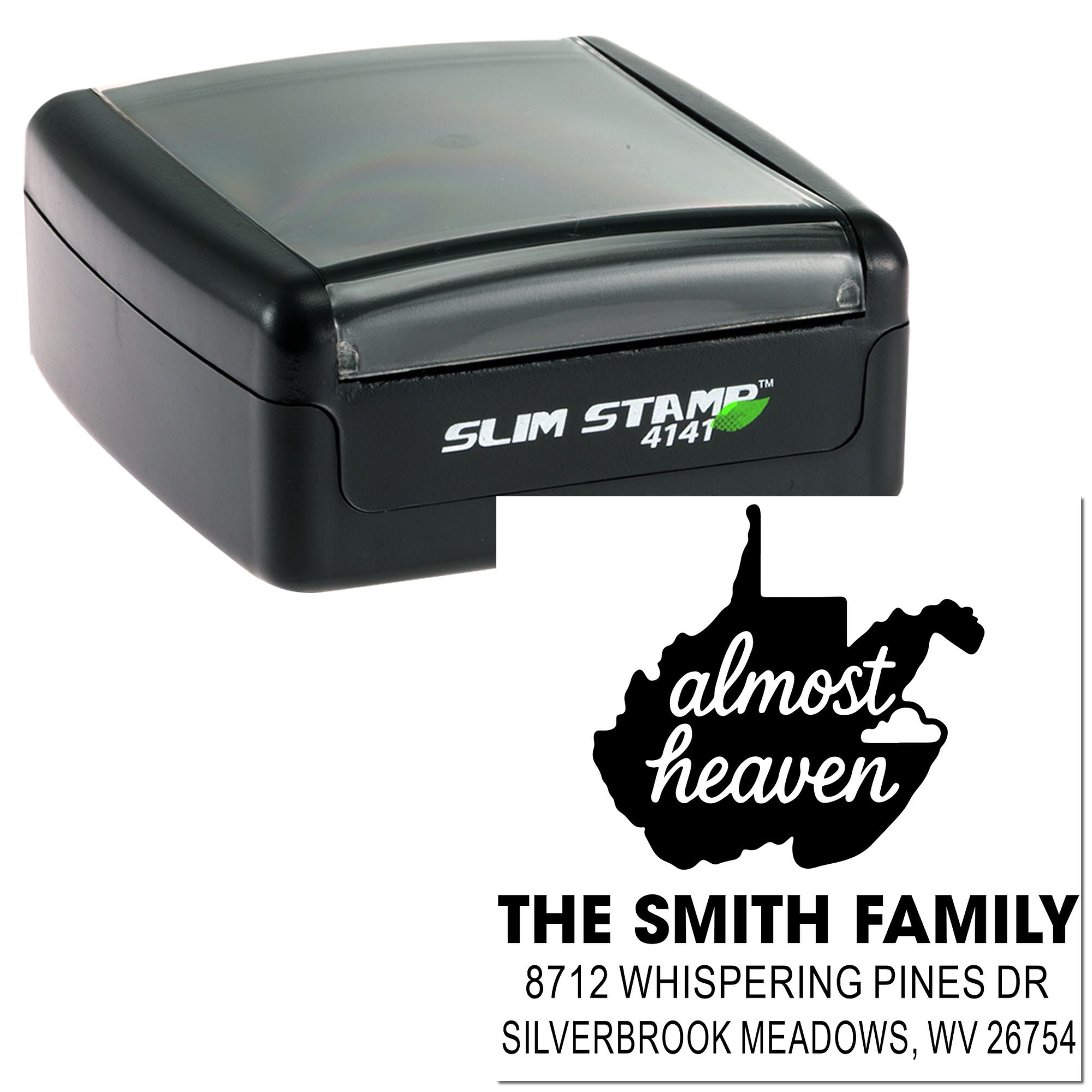 Custom self-inking address stamp featuring West Virginia silhouette, almost heaven, and The Smith Family address on a white background.