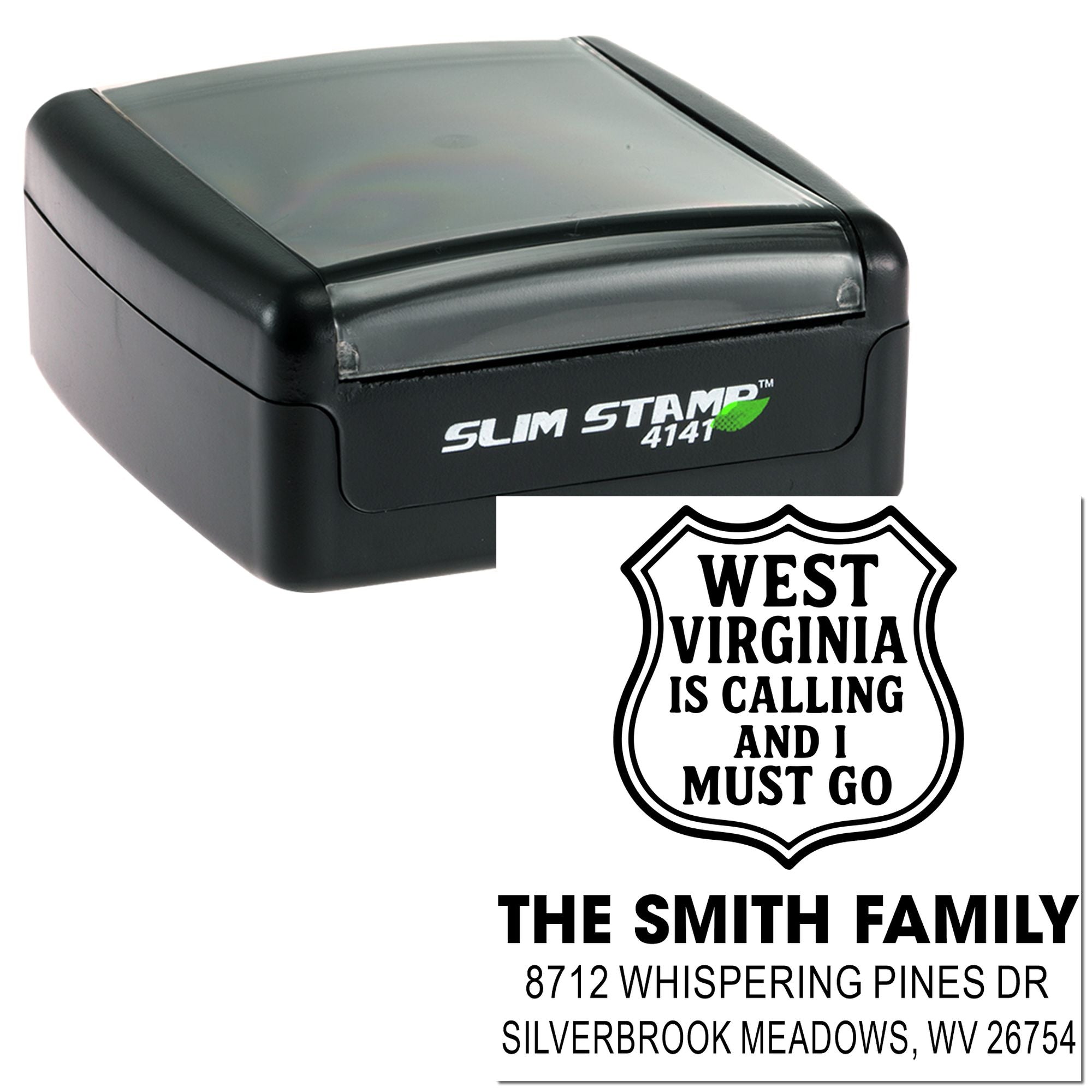 Custom self-inking stamp with West Virginia shield design and family address, shown on a white background with Slim Stamp 4141 case.