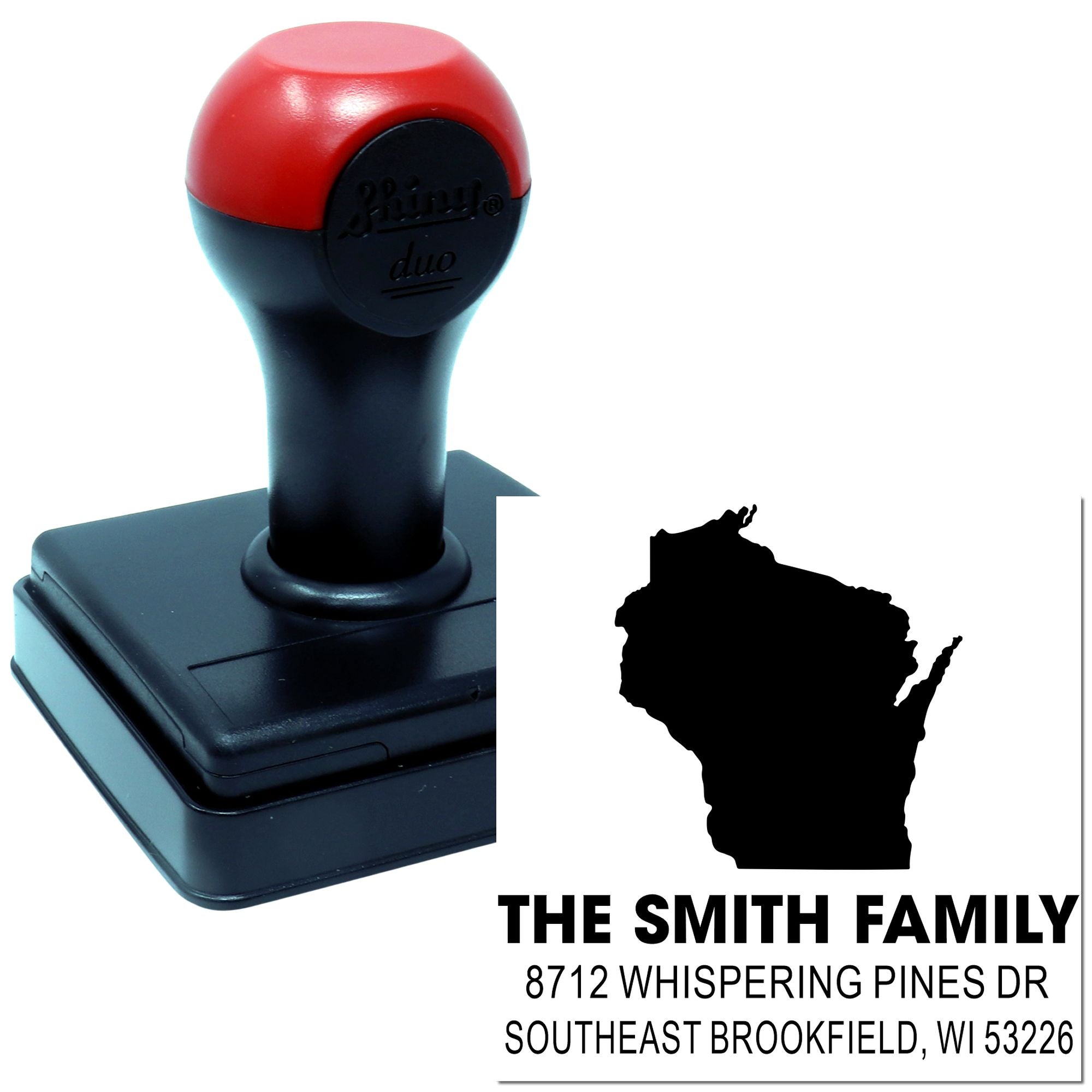 Custom self-inking address stamp on white background, with red and black handle, Wisconsin silhouette, and The Smith Family return address imprint.