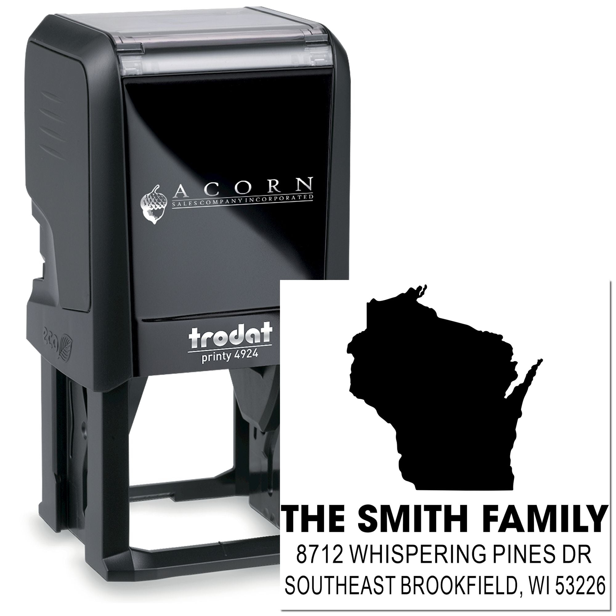 Custom self-inking address stamp on white background, featuring The Smith Family, Wisconsin silhouette, and address on a Trodat Printy stamp.