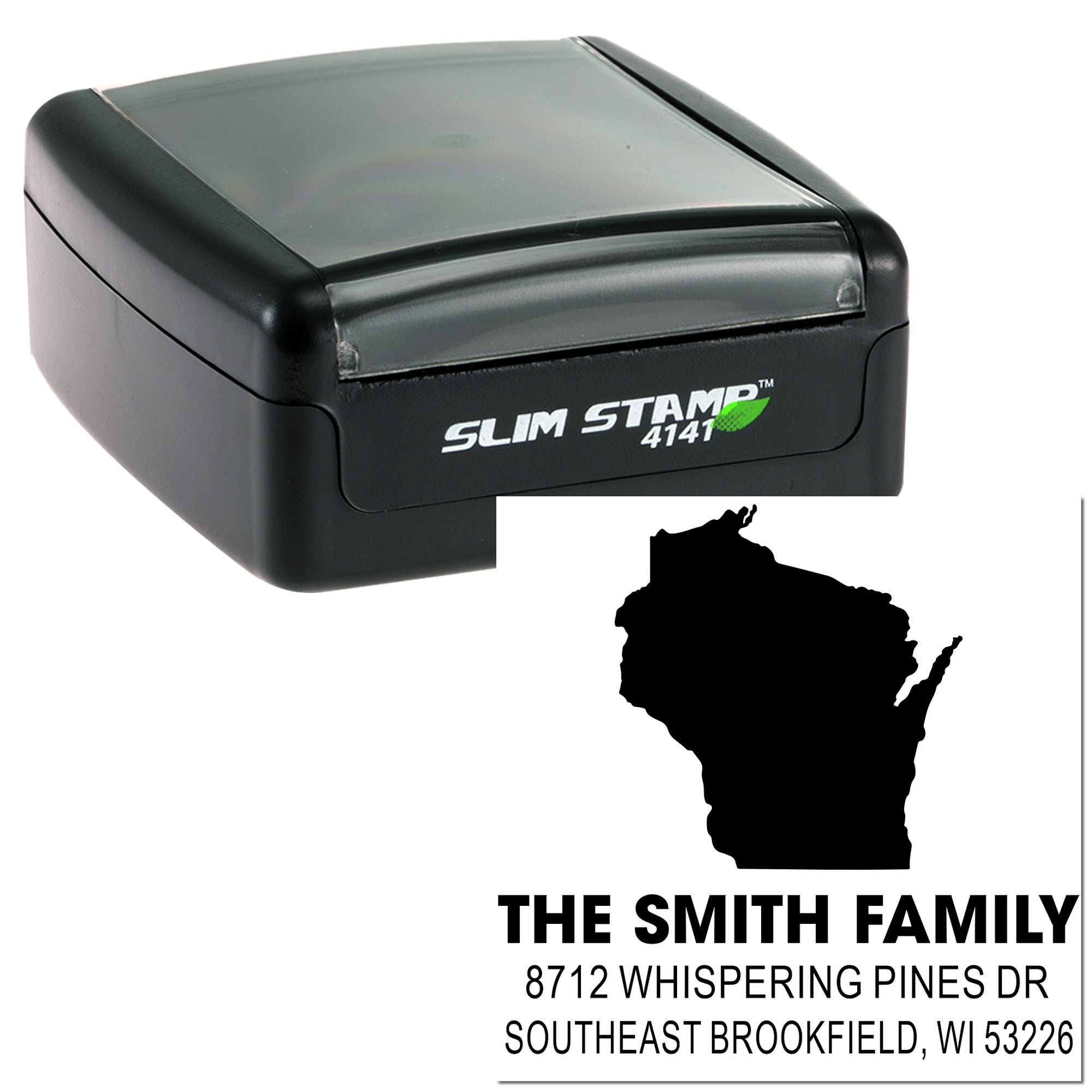 Custom Slim Stamp 4141 self-inking address stamp with Wisconsin silhouette, The Smith Family name, and Brookfield, WI return address on white background.