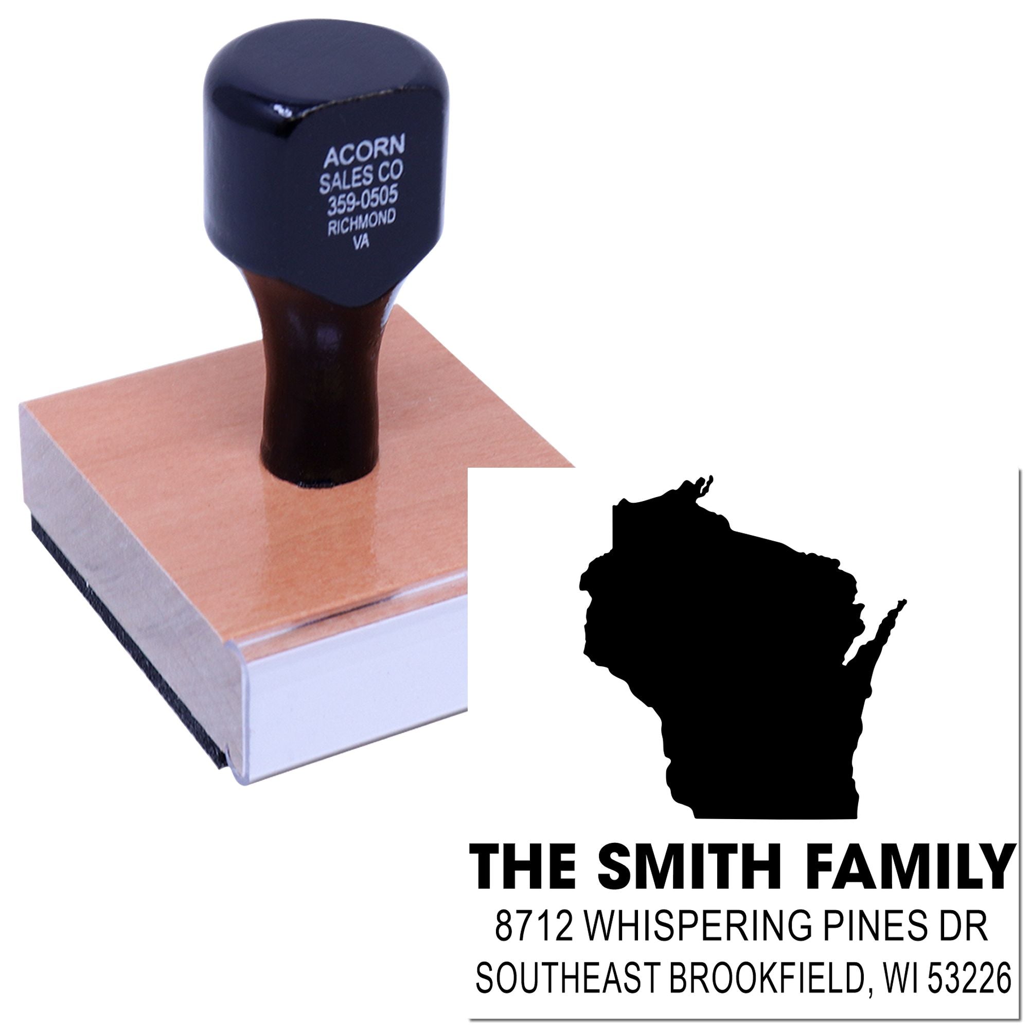 Custom self-inking address stamp on pad, featuring Wisconsin silhouette and The Smith Family return address on a white background.