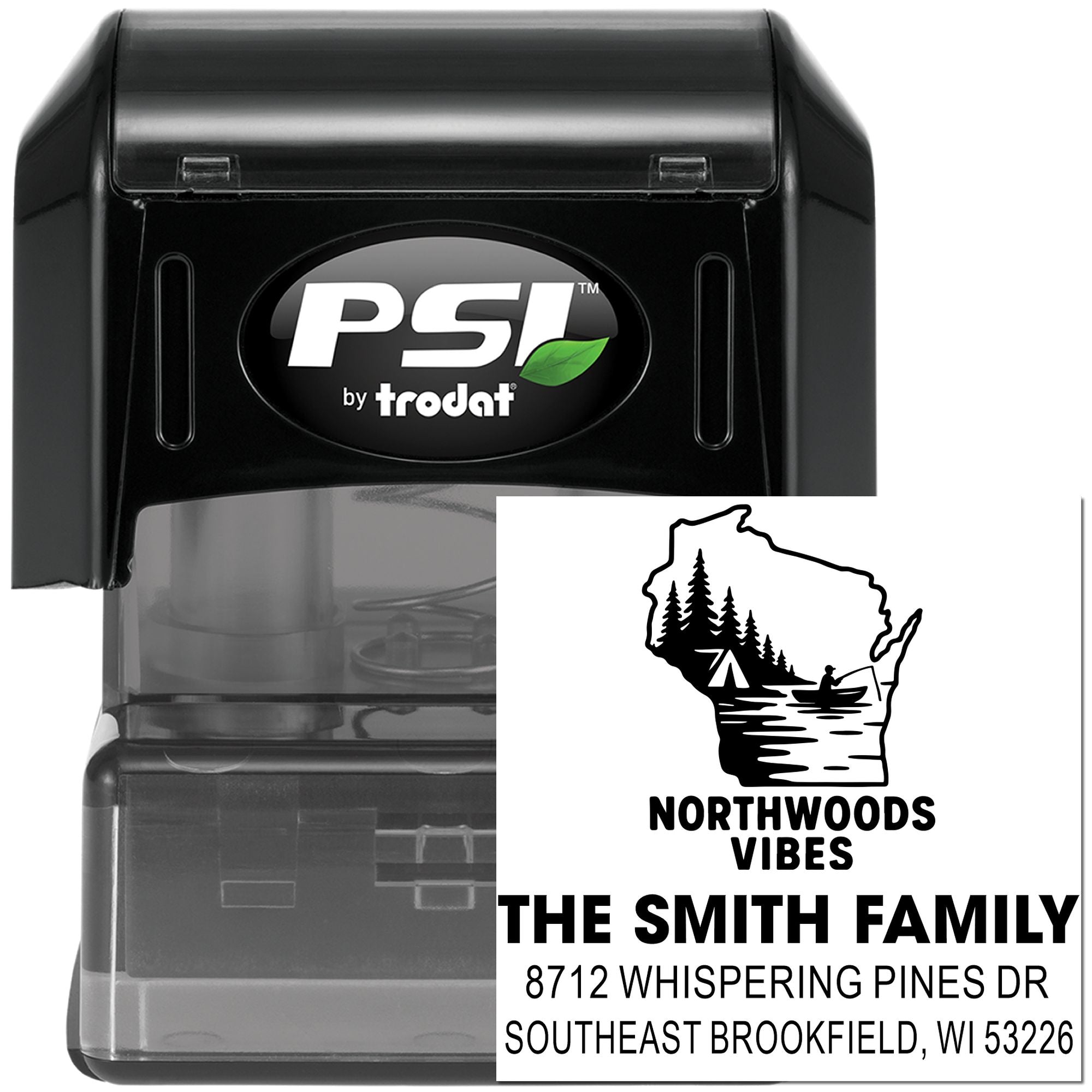 PSI by Trodat self-inking stamp with custom Northwoods Vibes Wisconsin return address design featuring forest, lake, canoe, and family name.