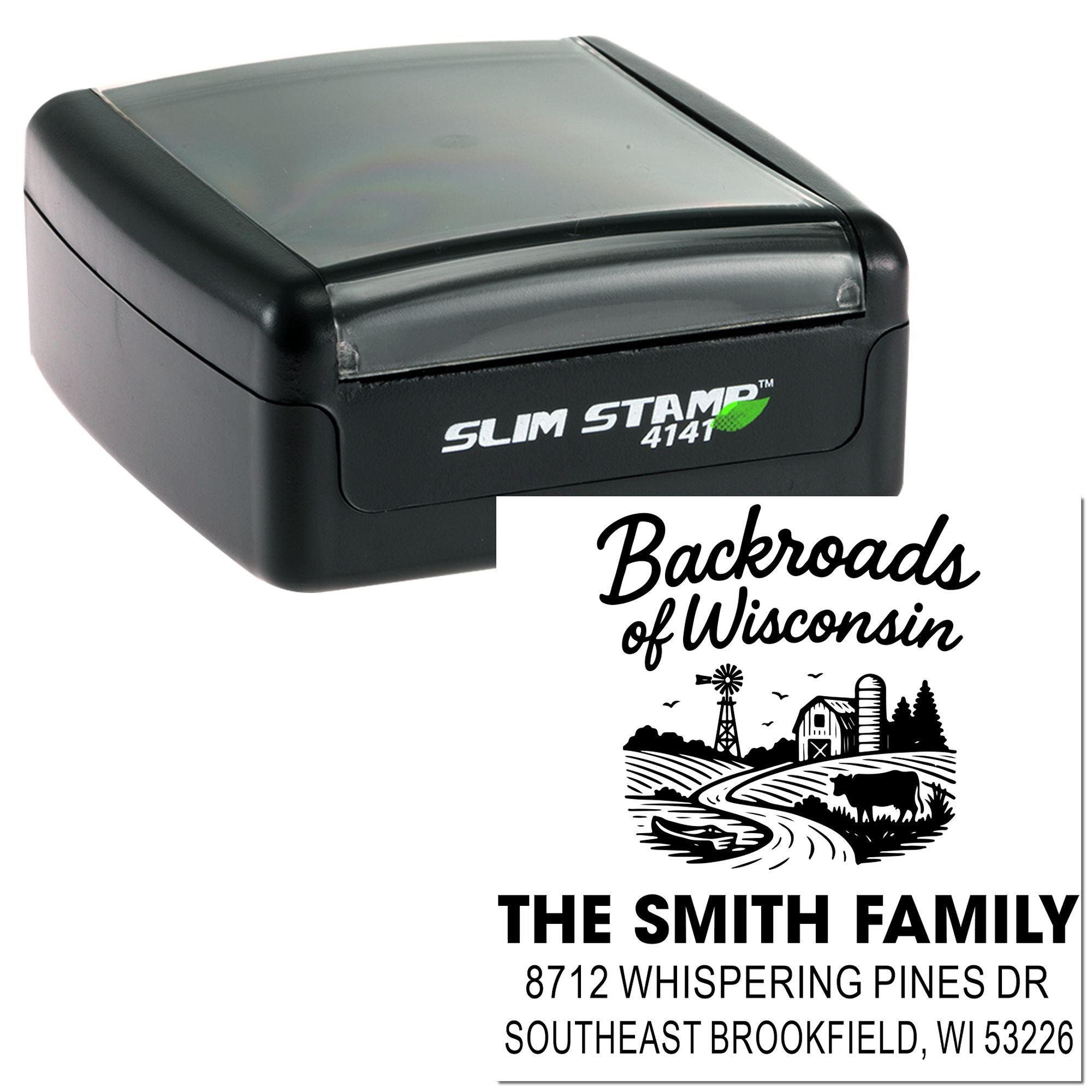 Custom self-inking Slim Stamp 4141 and address stamp for Backroads of Wisconsin, featuring The Smith Family and Southeast Brookfield, WI 53226.