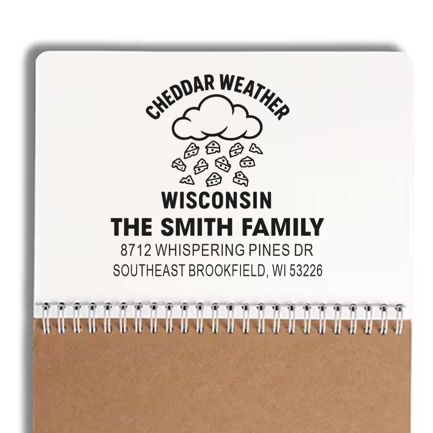 Personalized Wisconsin return address stamp with cheddar weather cloud and cheese icons for The Smith Family, 8712 Whispering Pines Dr, Southeast Brookfield.