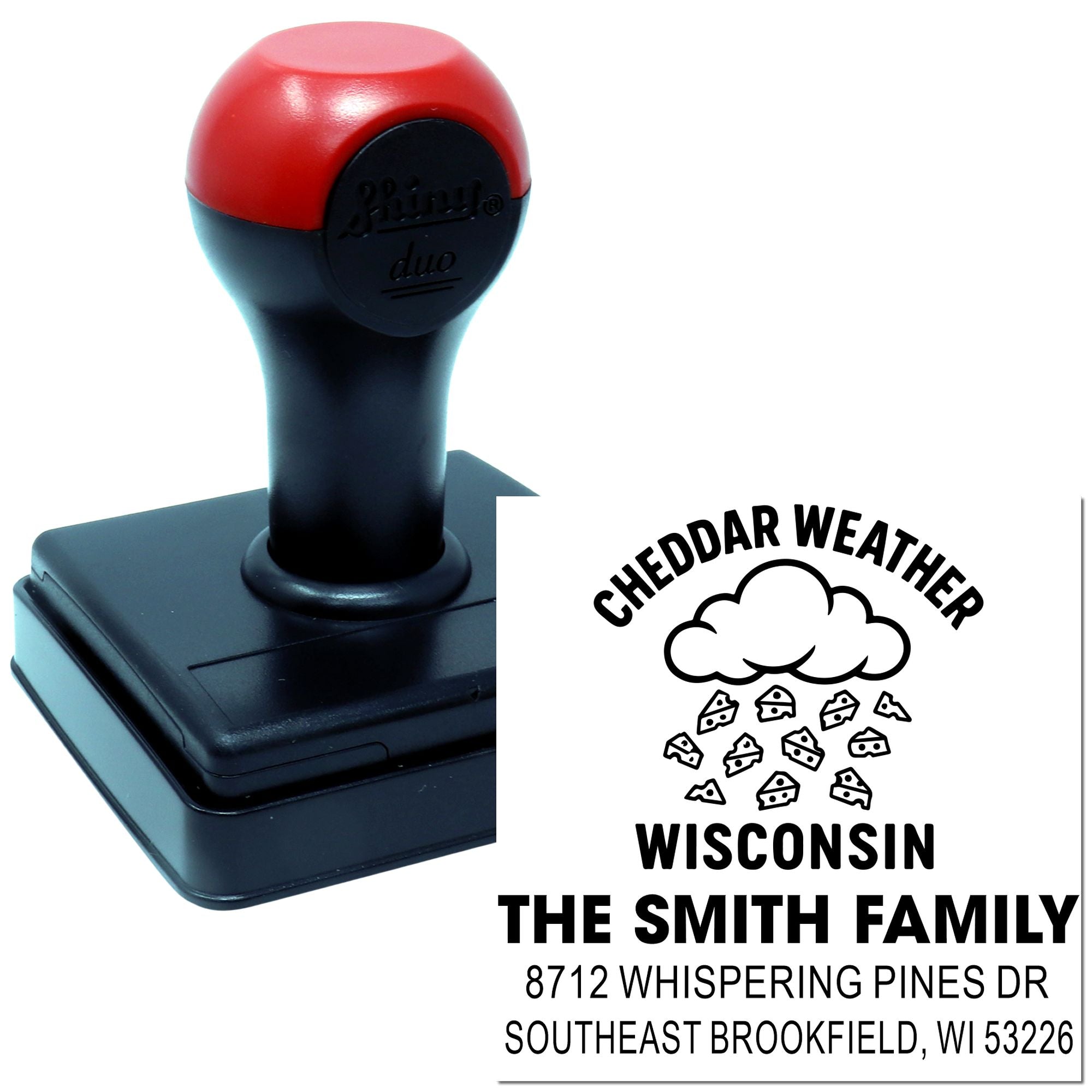 Custom self-inking weather address stamp with Cheddar Weatherer Wisconsin design, The Smith Family name, and Brookfield, WI address.