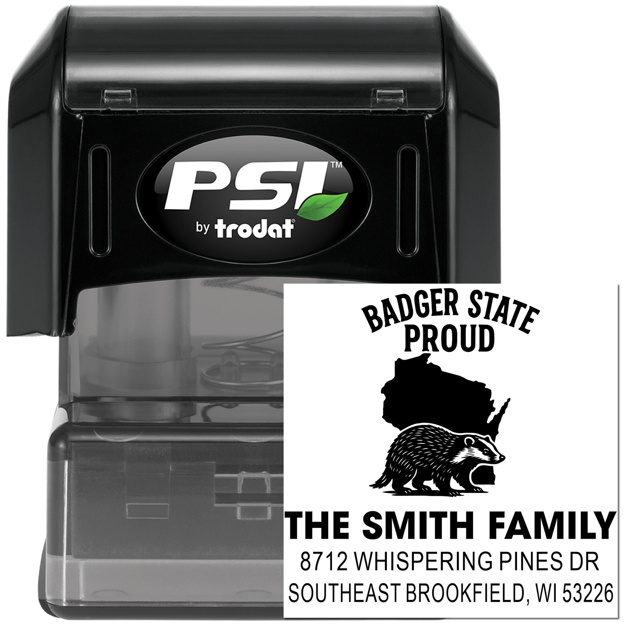 PSI by Trodat self-inking stamp with custom Badger State Proud Wisconsin family address design on black stamp casing