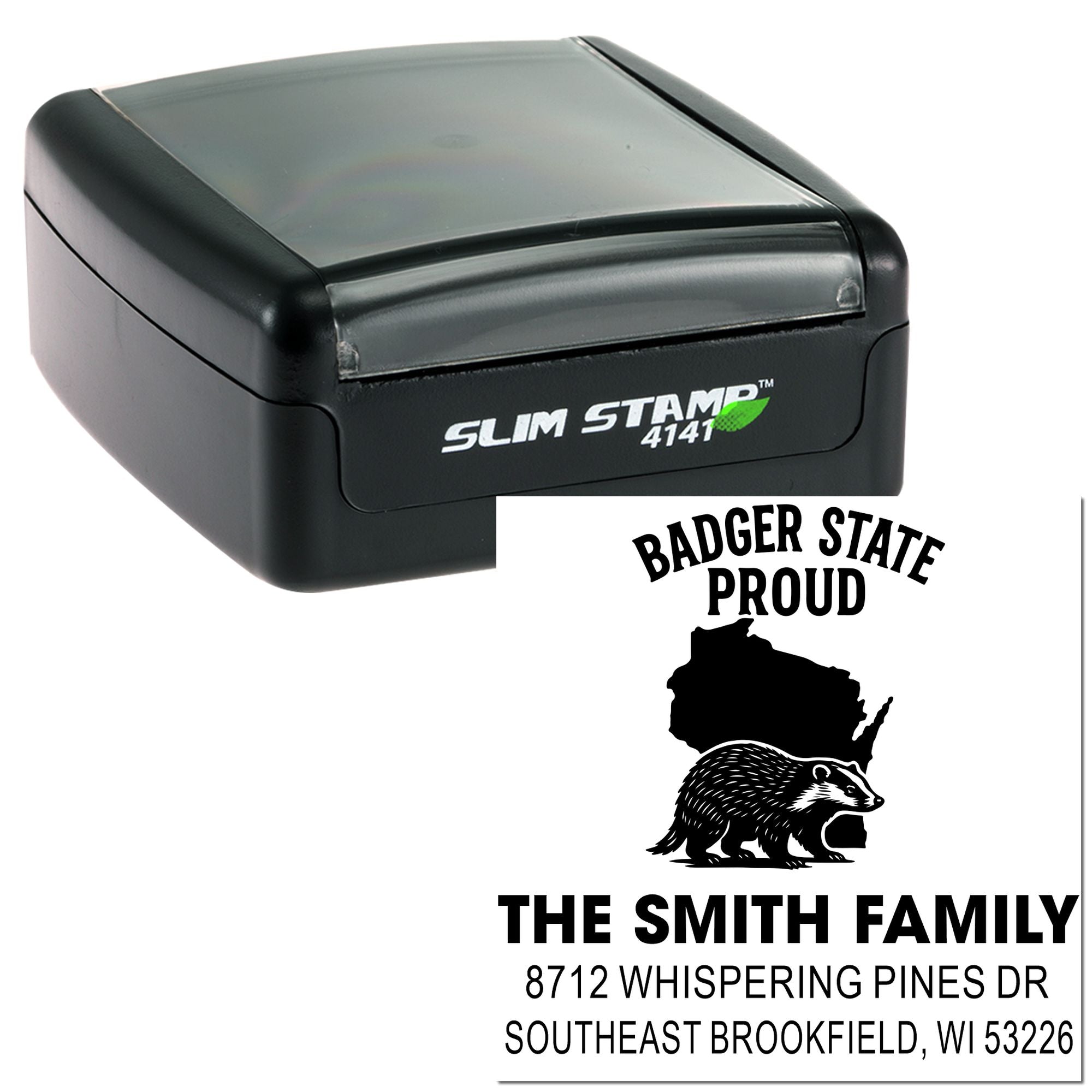 Custom self-inking address stamp with Badger State Proud badger design and The Smith Family Wisconsin address imprint on white background.