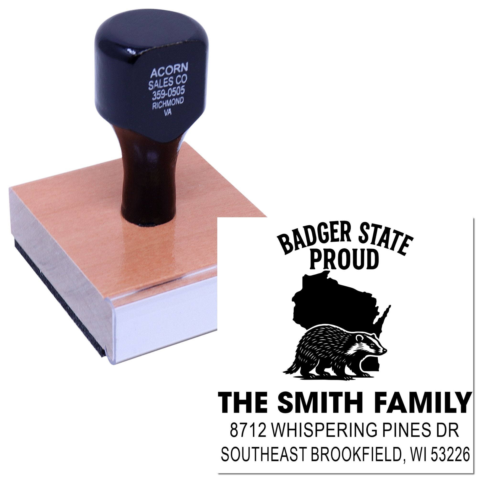 Custom self-inking stamp with Badger State Proud design, Wisconsin silhouette and badger, showing The Smith Family name and Brookfield, WI address.