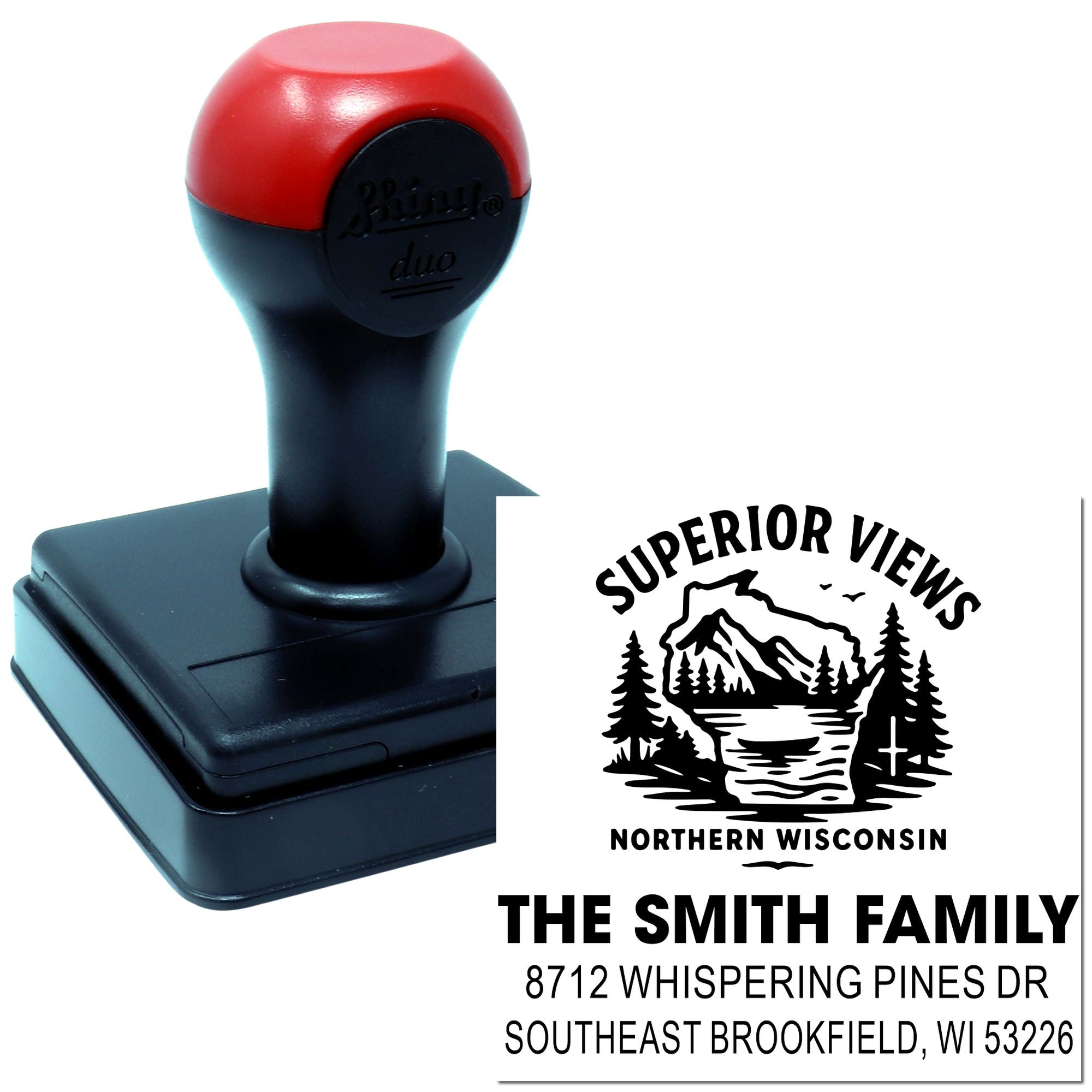 Self-inking custom address stamp with red-and-black handle, showing Superior Views Northern Wisconsin logo and The Smith Family return address on white background.