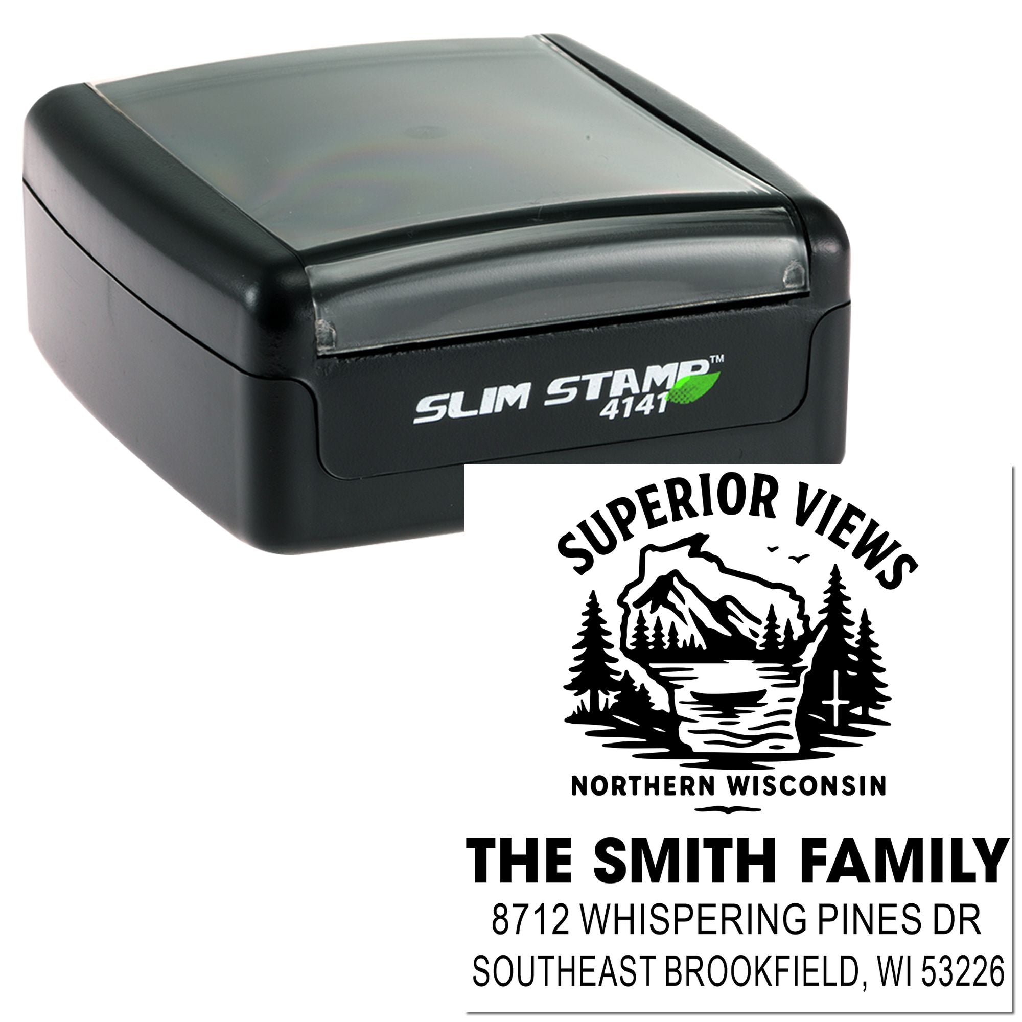 Custom Slim Stamp address stamp with Superior Views Northern Wisconsin logo and Smith family name on a self-inking stamp device.