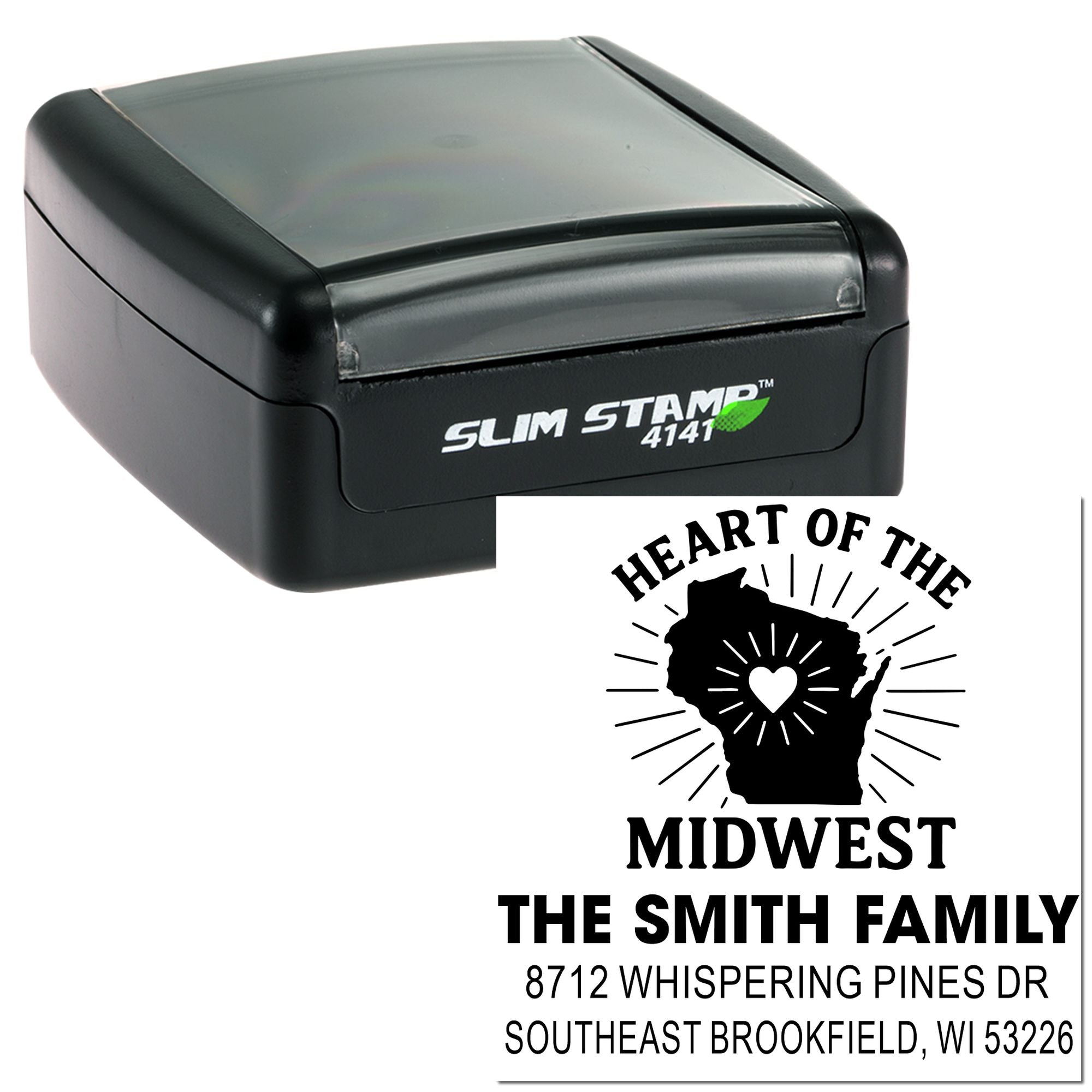 Custom Slim Stamp 4141 self-inking stamp with Heart of the Midwest family address imprint and Wisconsin graphic on white background.