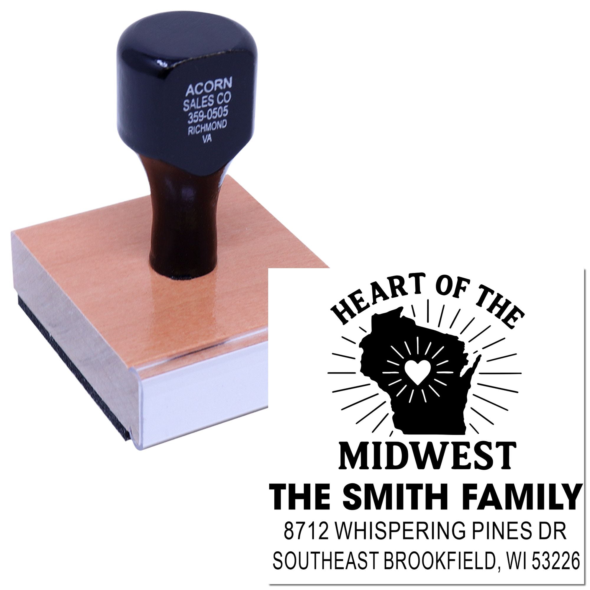Custom rubber address stamp on white background, showing a Wisconsin family logo and return-address imprint for business mailing use.