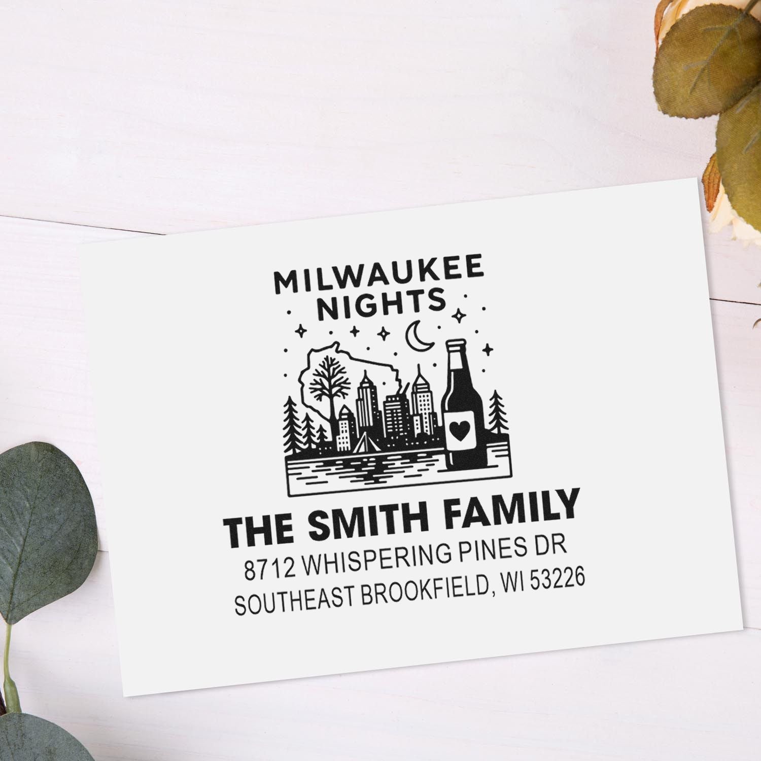 Custom Milwaukee Nights return address stamp with skyline, moon, bottle and trees, personalized for The Smith Family, Brookfield, WI.