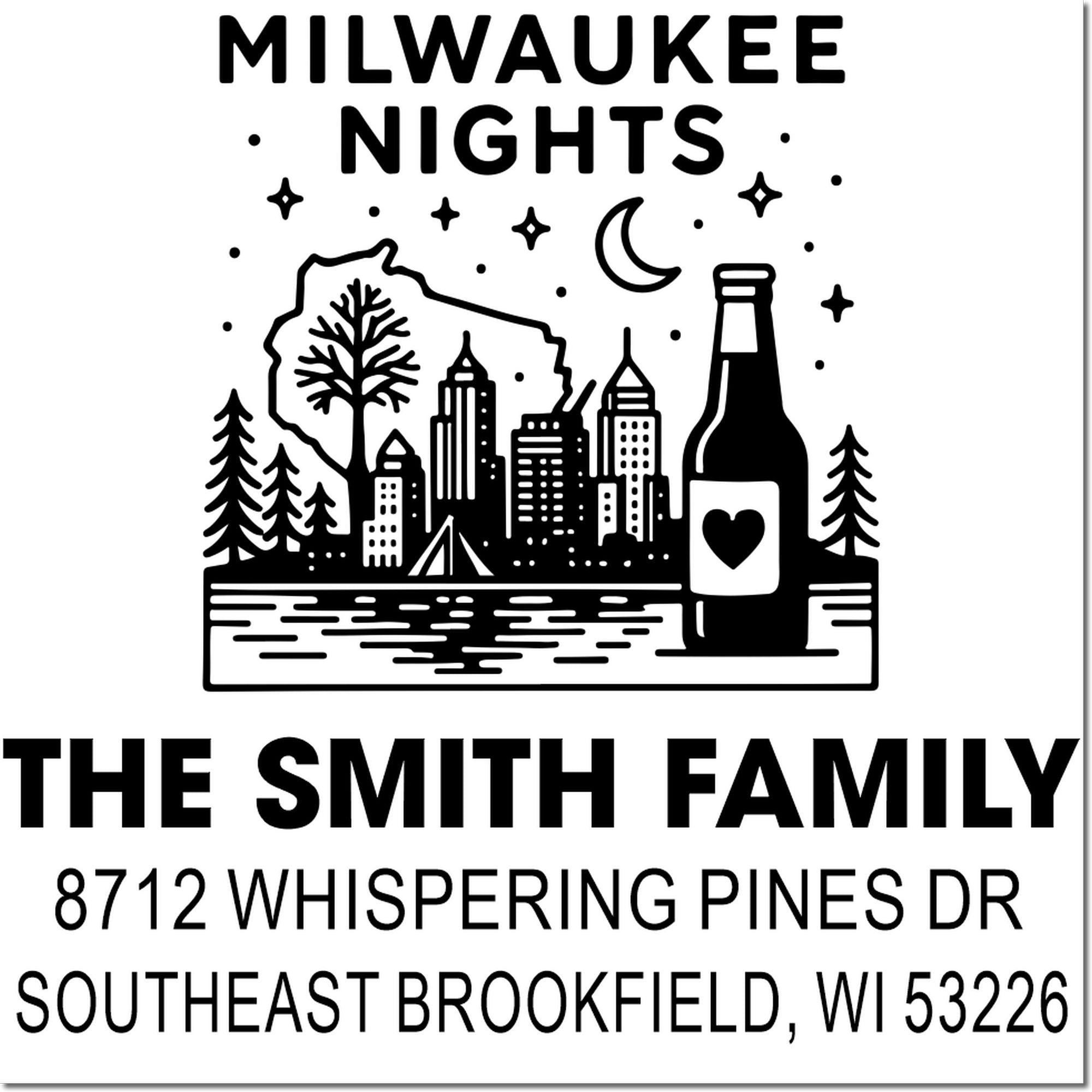 Custom Milwaukee Nights return address stamp with Milwaukee skyline, moon, beer bottle, trees, and The Smith Family Brookfield, WI address.