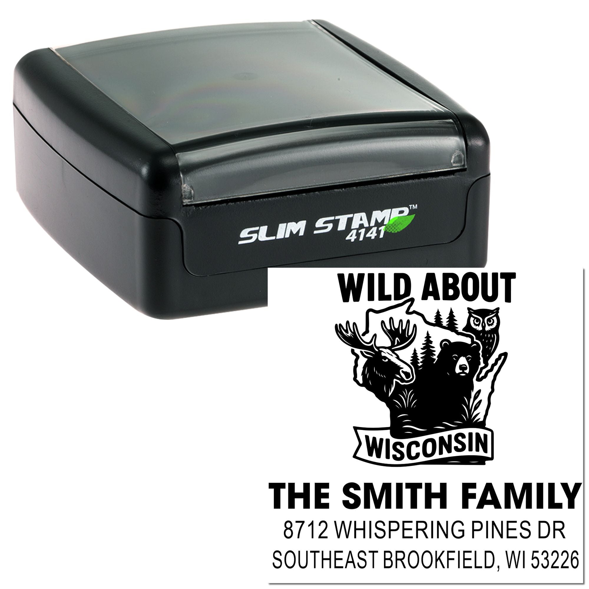 Slim Stamp 4141 self-inking address stamp with Wisconsin wildlife design, custom family name, and home address on a white background.