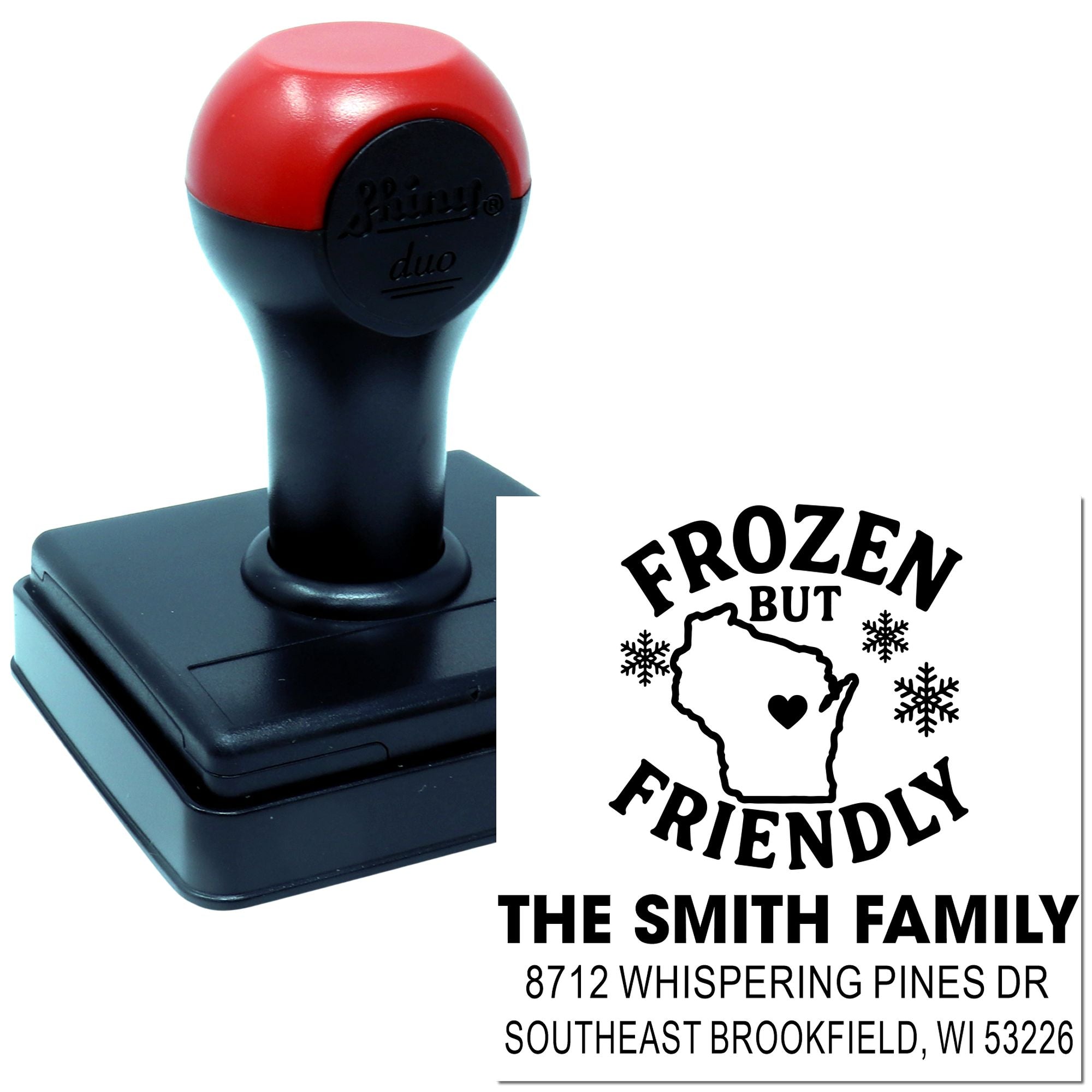 Self-inking personalized address stamp with red and black handle, Frozen But Friendly Wisconsin family design on white background.