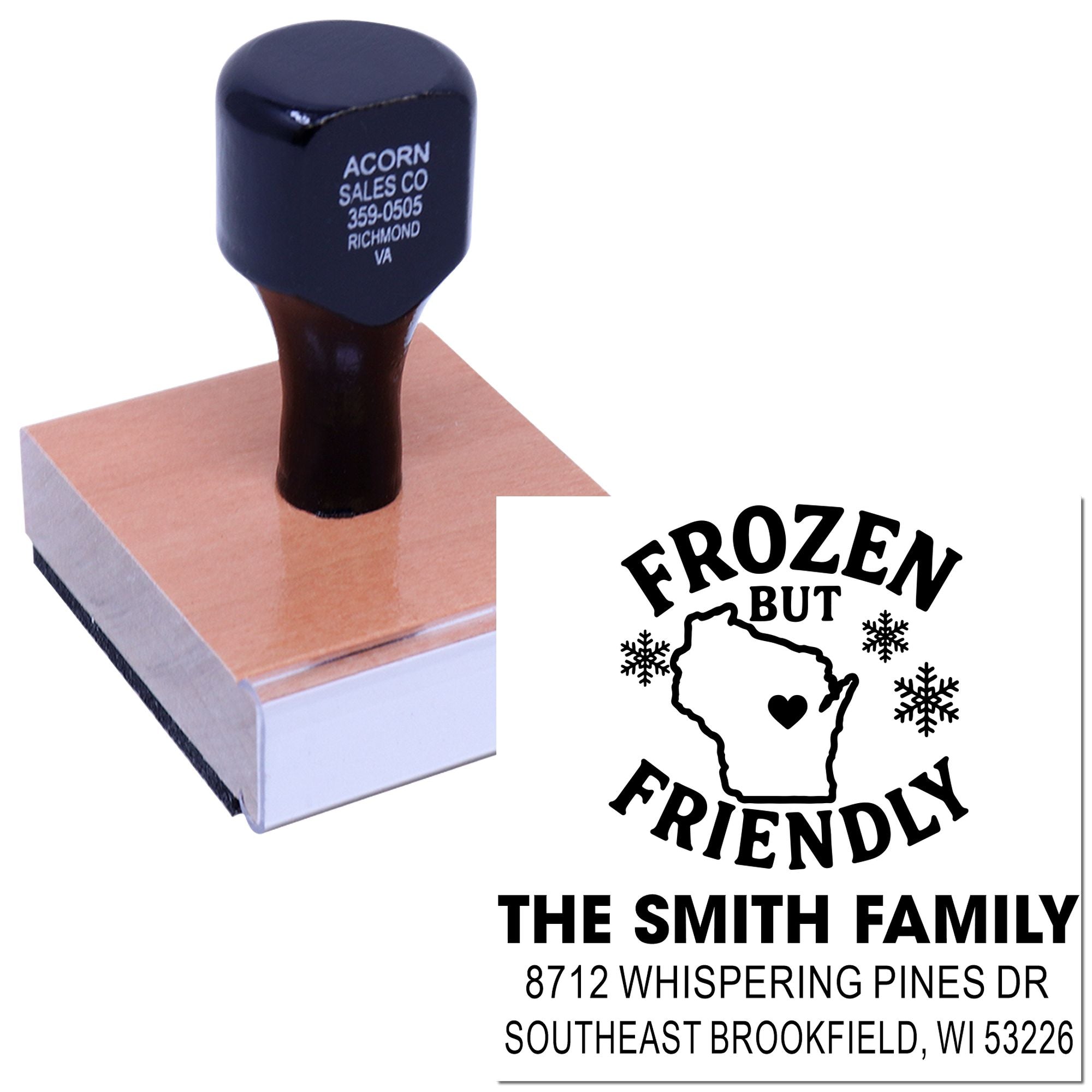 Custom rubber address stamp on wooden block, showing Frozen But Friendly Wisconsin design with the Smith family name and address.