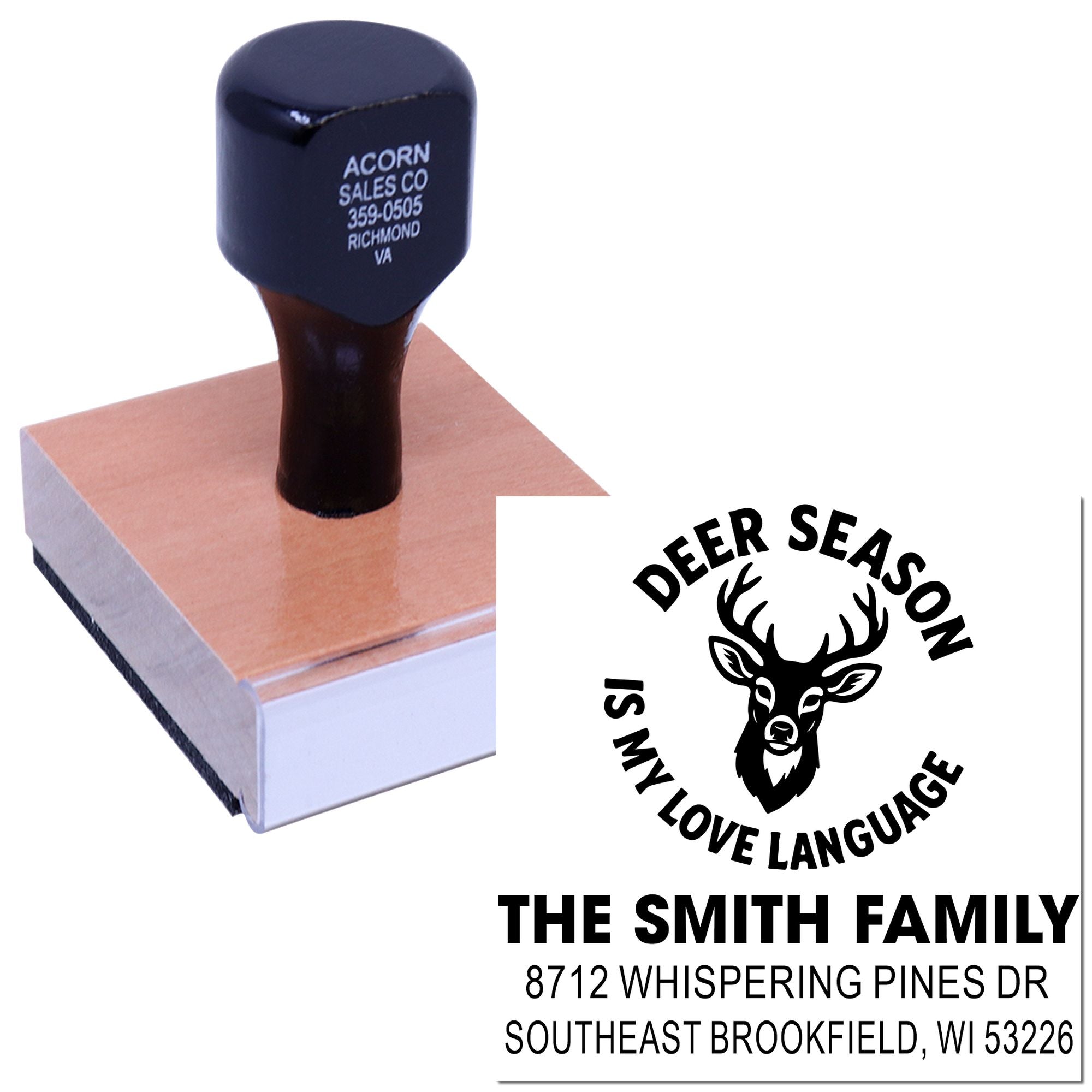 Custom self-inking stamp with deer season family address design, shown on white background with sample imprint and wooden mount.