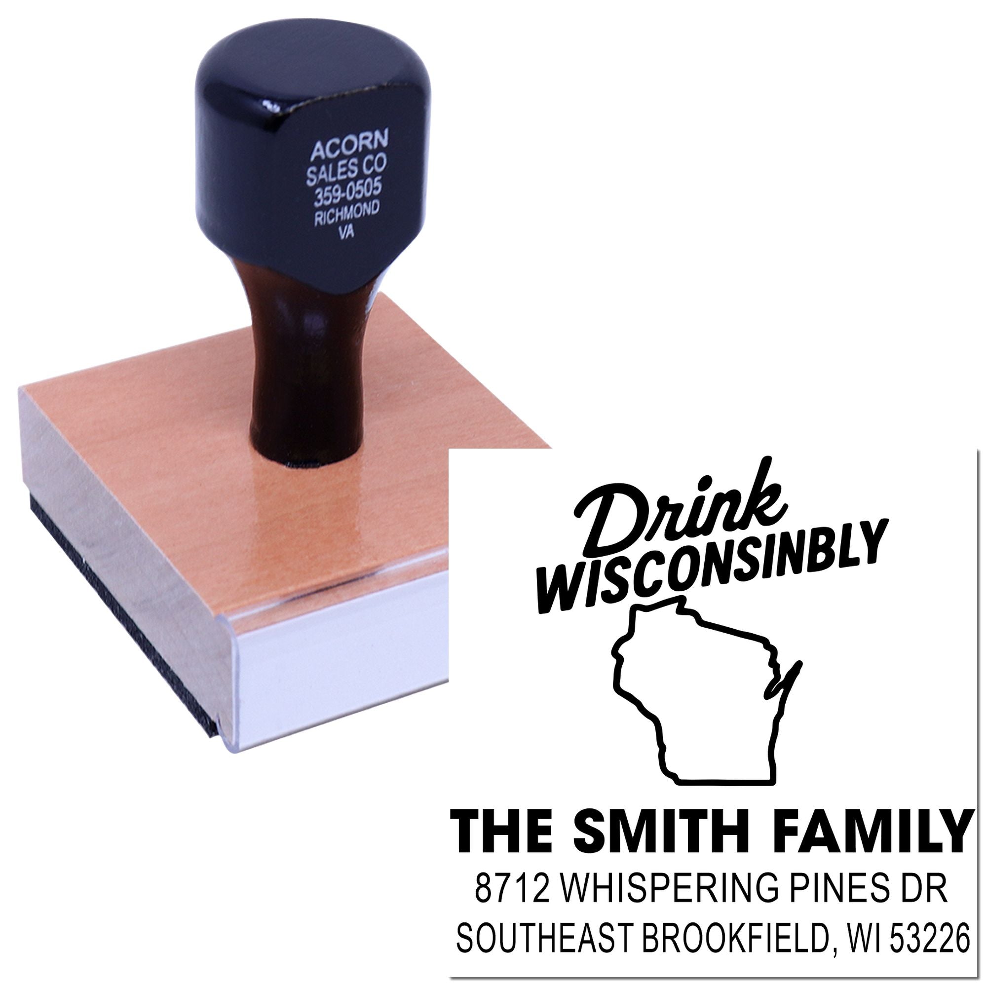 Custom rubber address stamp with Drink Wisconsinbly design and Wisconsin outline, shown on wooden block with personalized family name and address imprint.