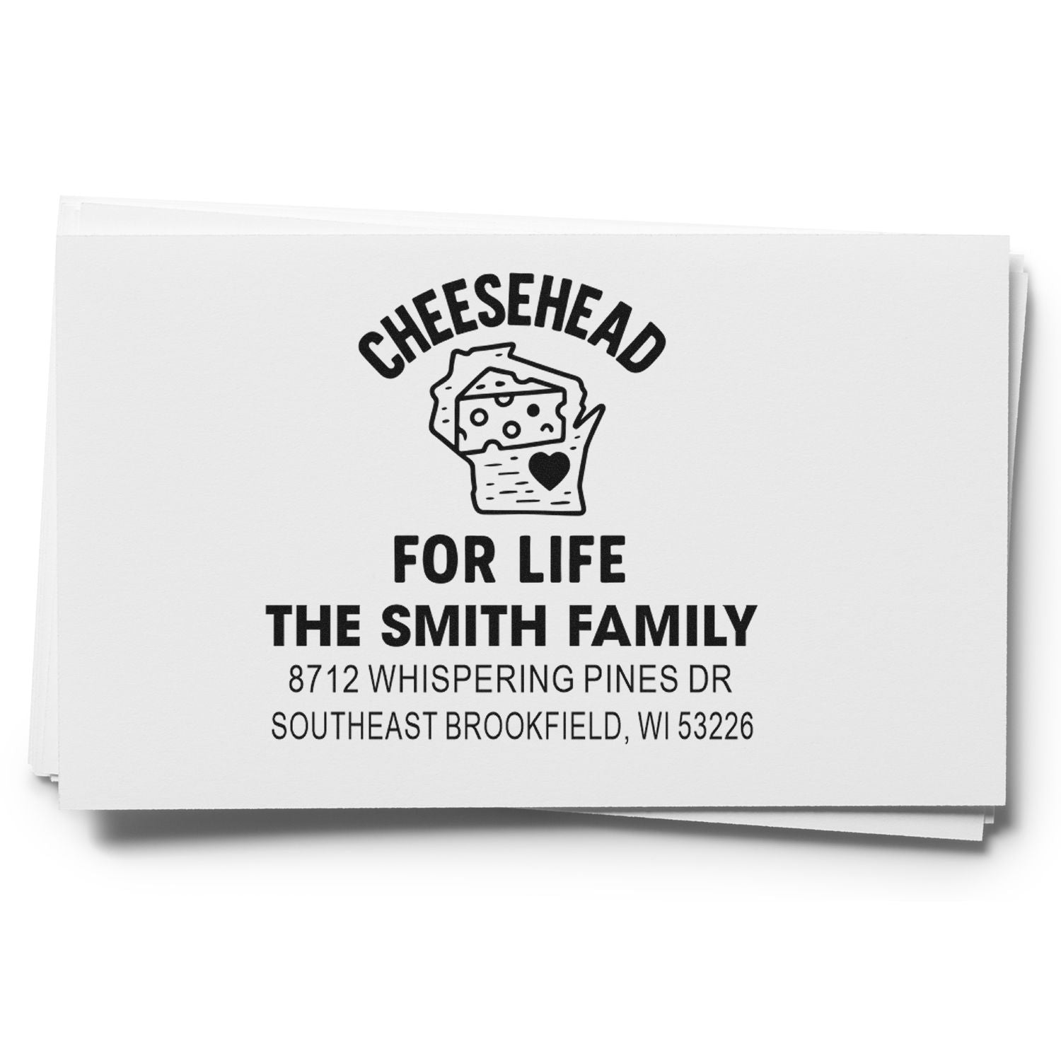 Custom Cheesehead for Life address stamp set for The Smith Family, featuring a cheese icon and Wisconsin return address.