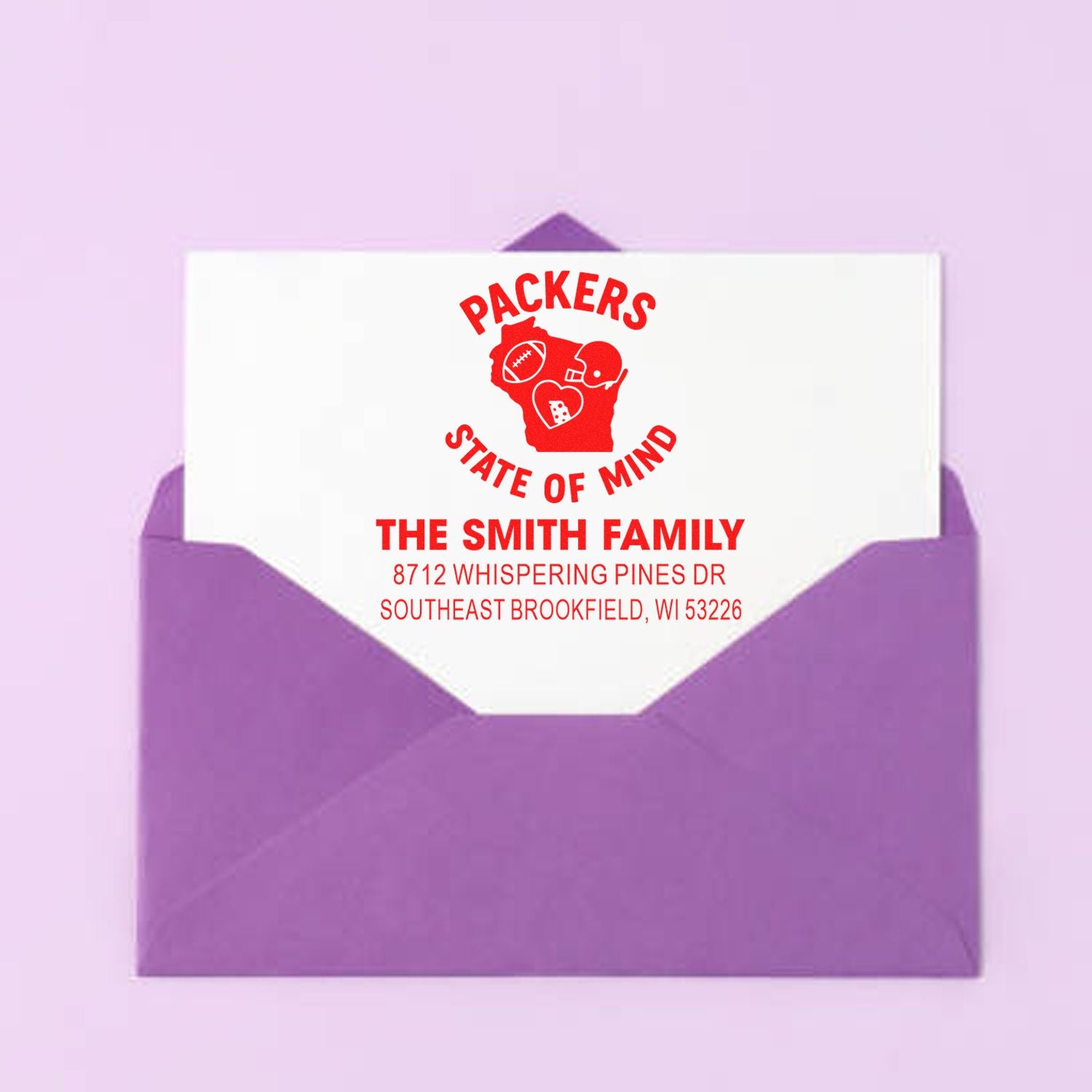 Personalized Packers State of Mind address stamp for The Smith Family, featuring football-themed Wisconsin logo on a purple envelope.