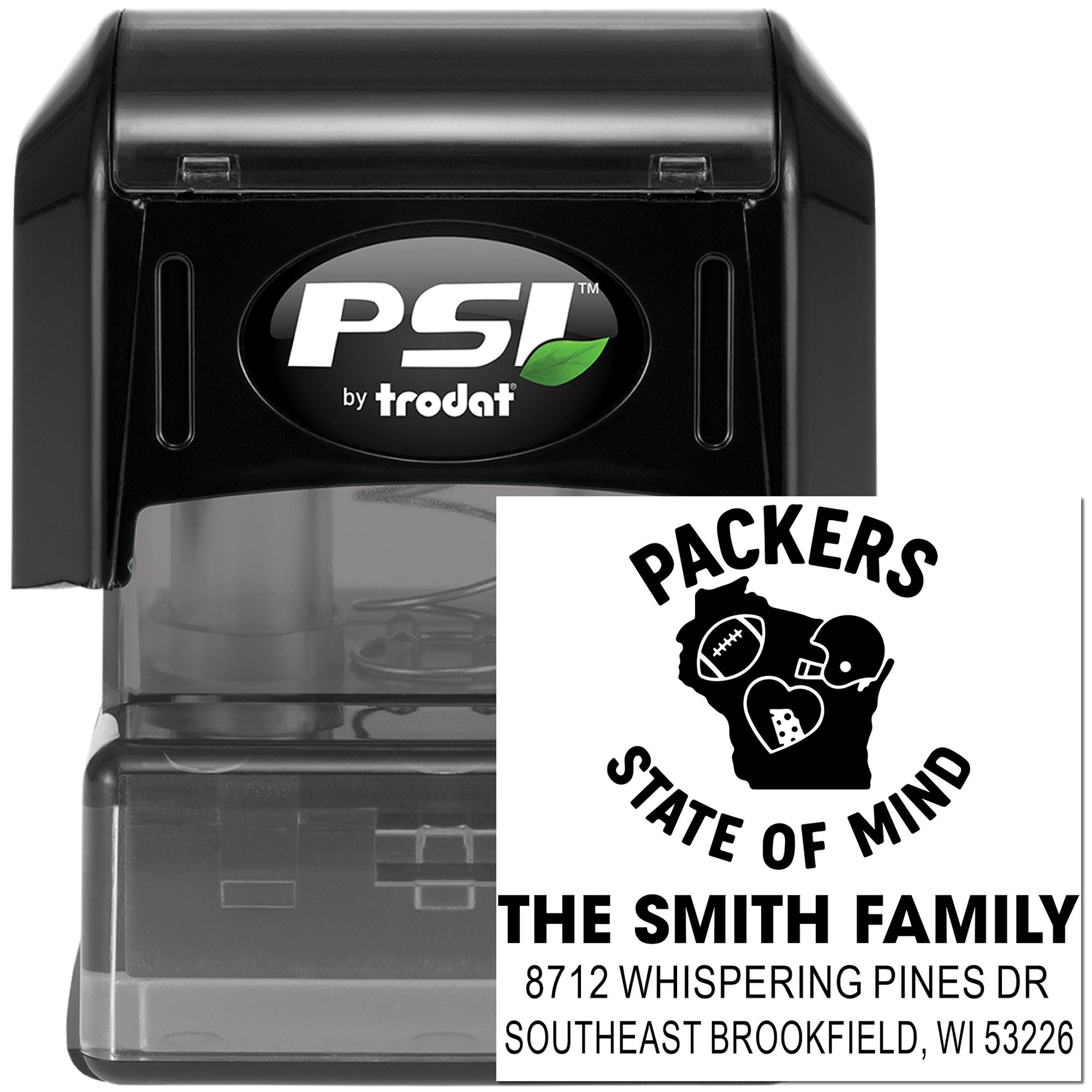 PSI by Trodat custom Packers State of Mind address stamp with Smith family name and Wisconsin address, shown on a white product background.