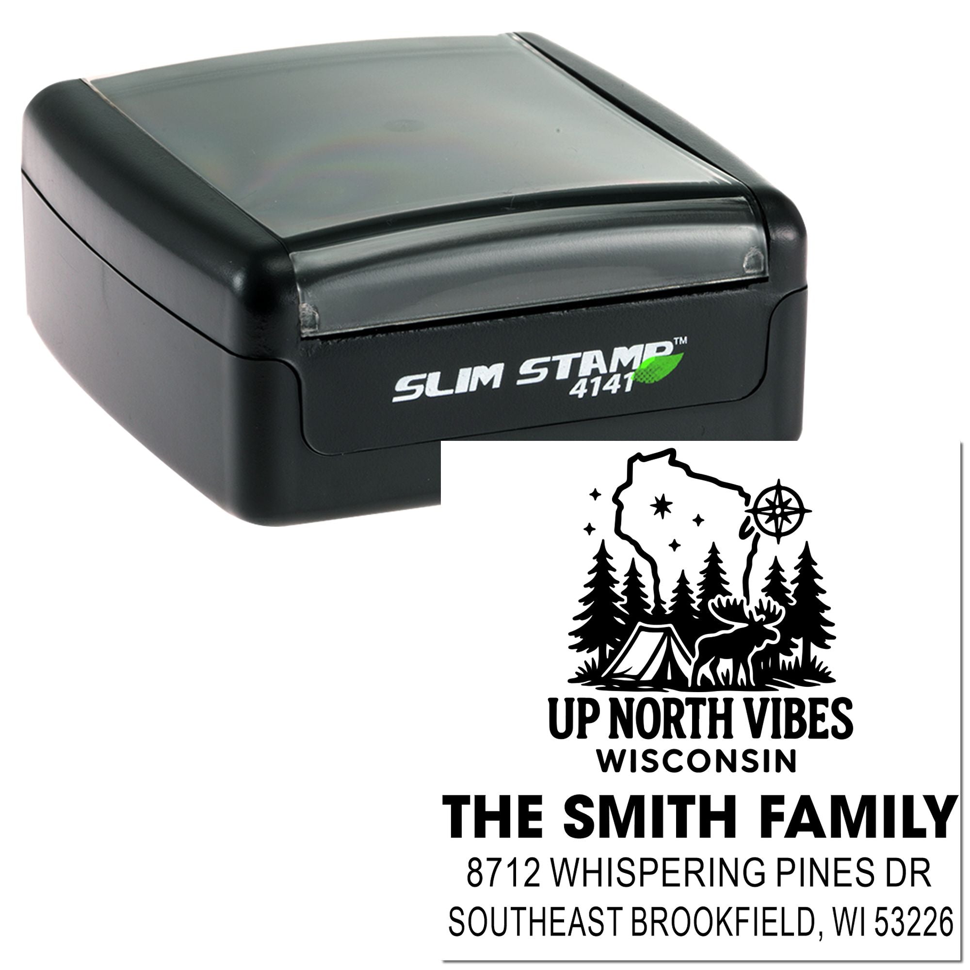 Personalized slim self-inking address stamp with Up North Vibes Wisconsin design, featuring a camping moose logo and The Smith Family return address.