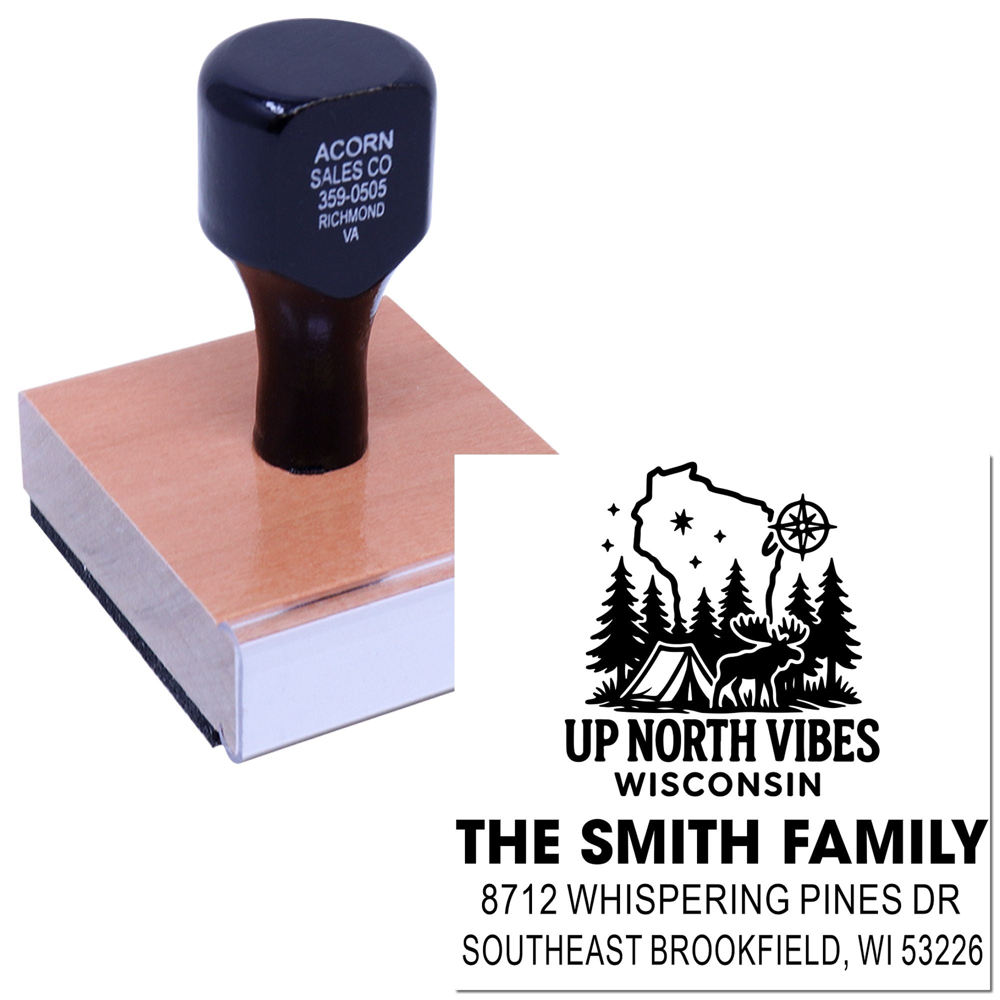 Custom rubber stamp on wooden base with personalized business and family address imprint examples on a white background.