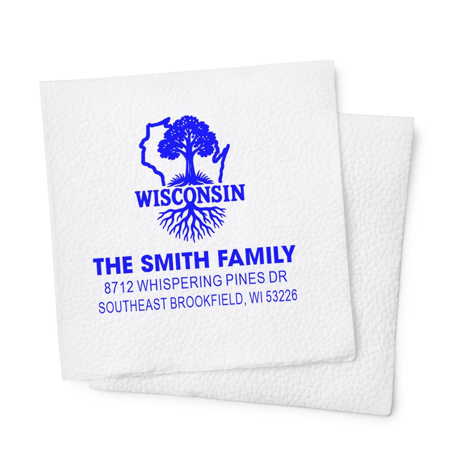 Custom blue Wisconsin return address stamp on white textured envelopes, featuring a tree logo, The Smith Family, and Brookfield, WI address.