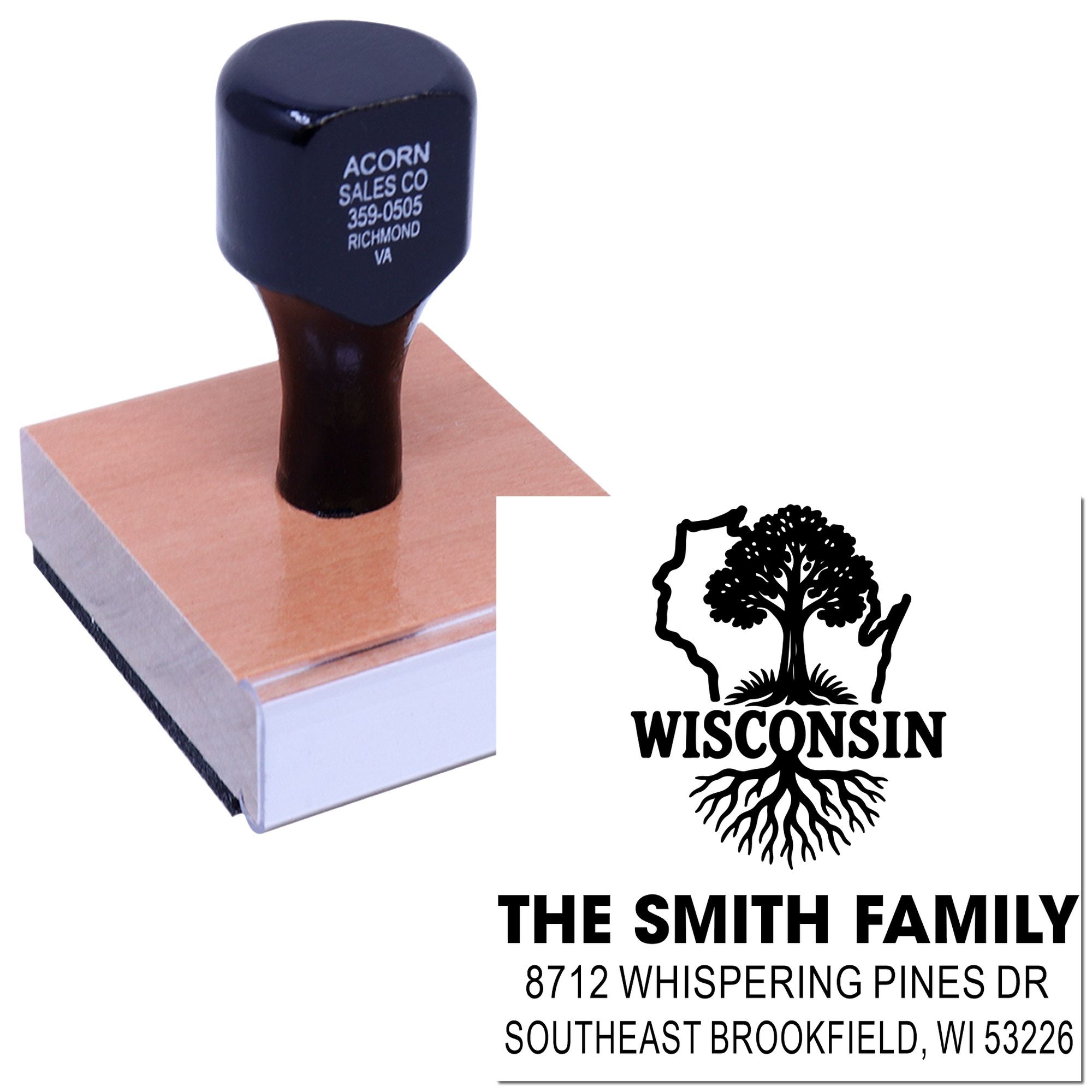 Custom Wisconsin return address stamp on wooden base, showing tree silhouette and The Smith Family imprint for Southeast Brookfield, WI.