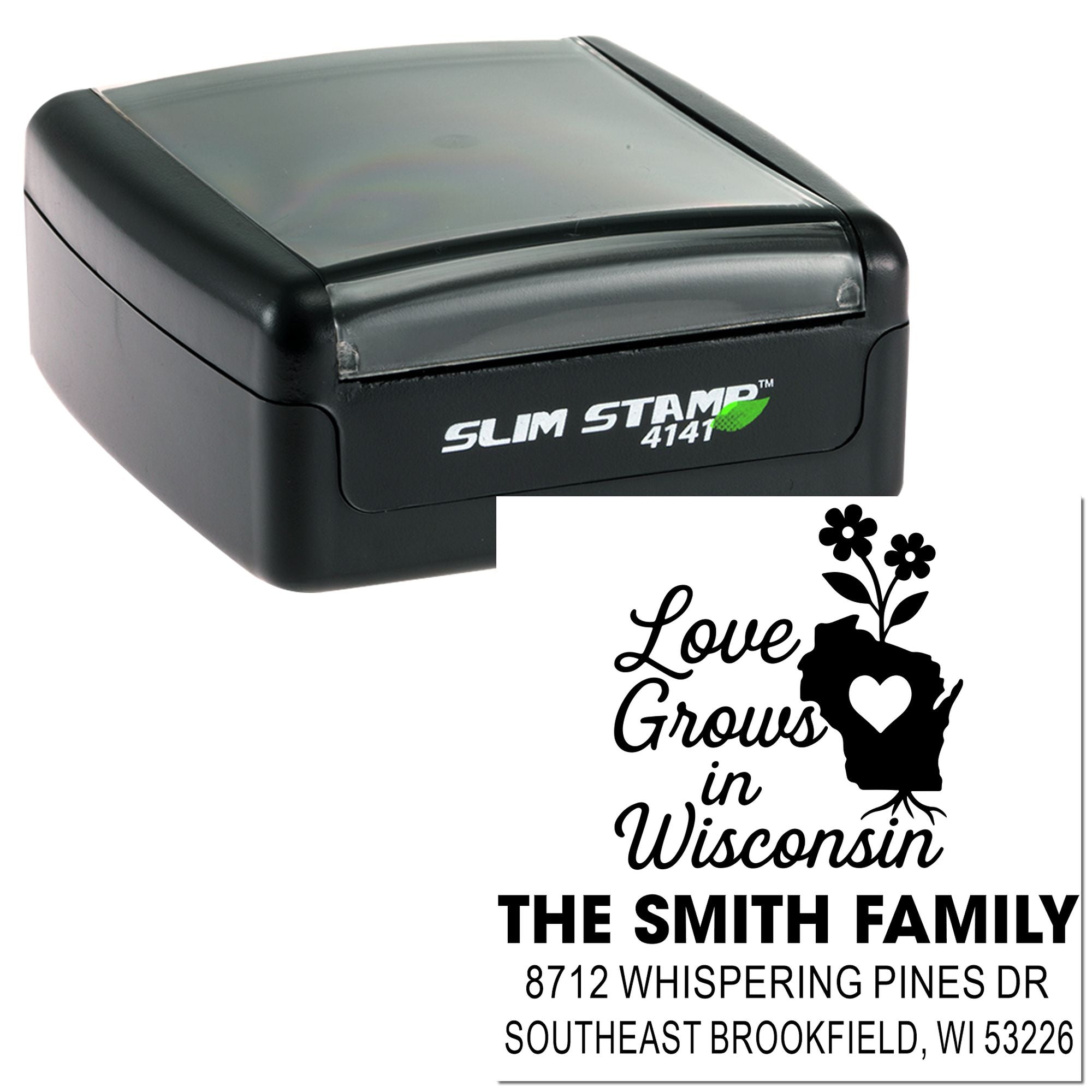 Custom Slim Stamp 4141 self-inking address stamp with Love Grows in Wisconsin design, Smith family name, and home address on white background.