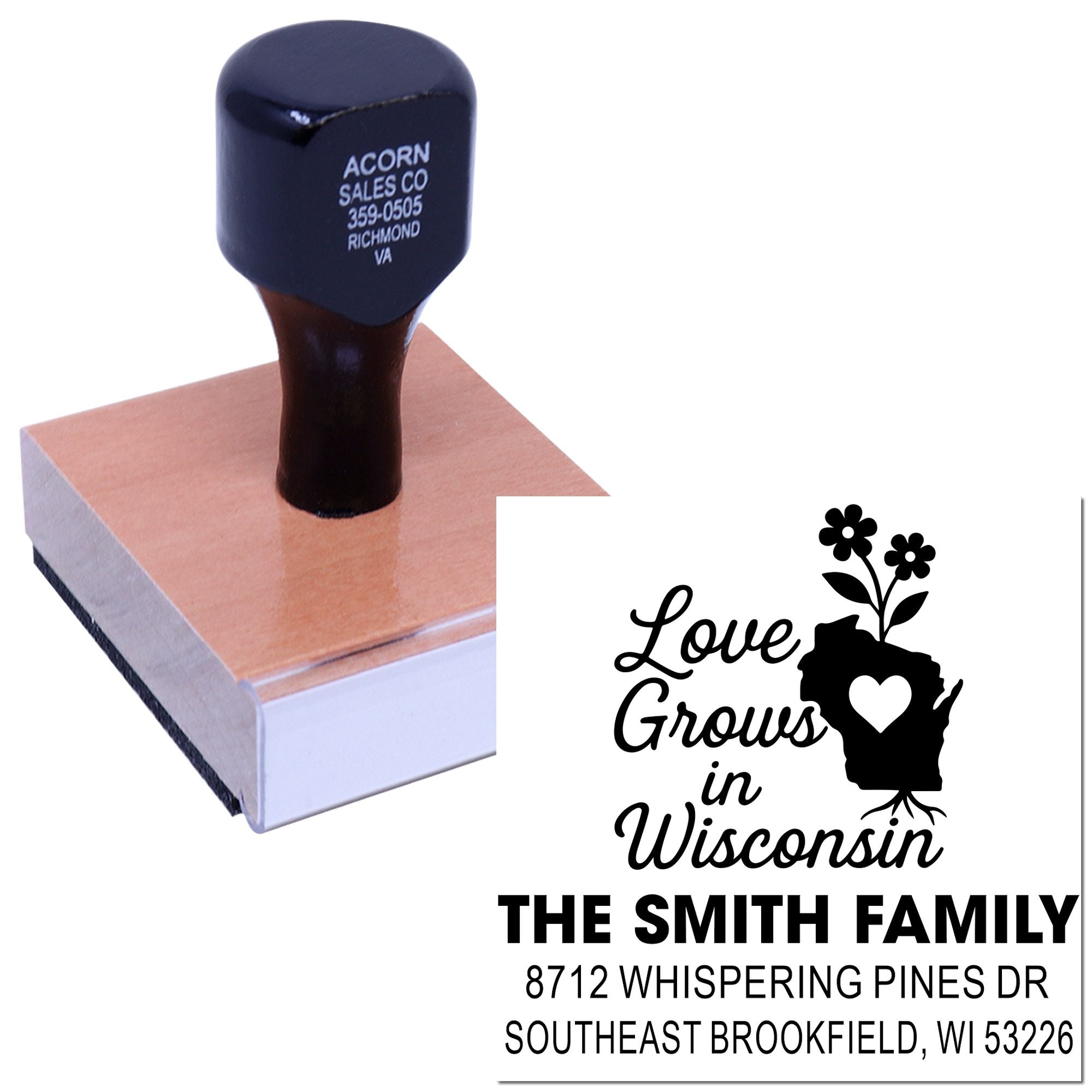 Custom rubber address stamp on wooden block, featuring Love Grows in Wisconsin and The Smith Family imprint on a white background.