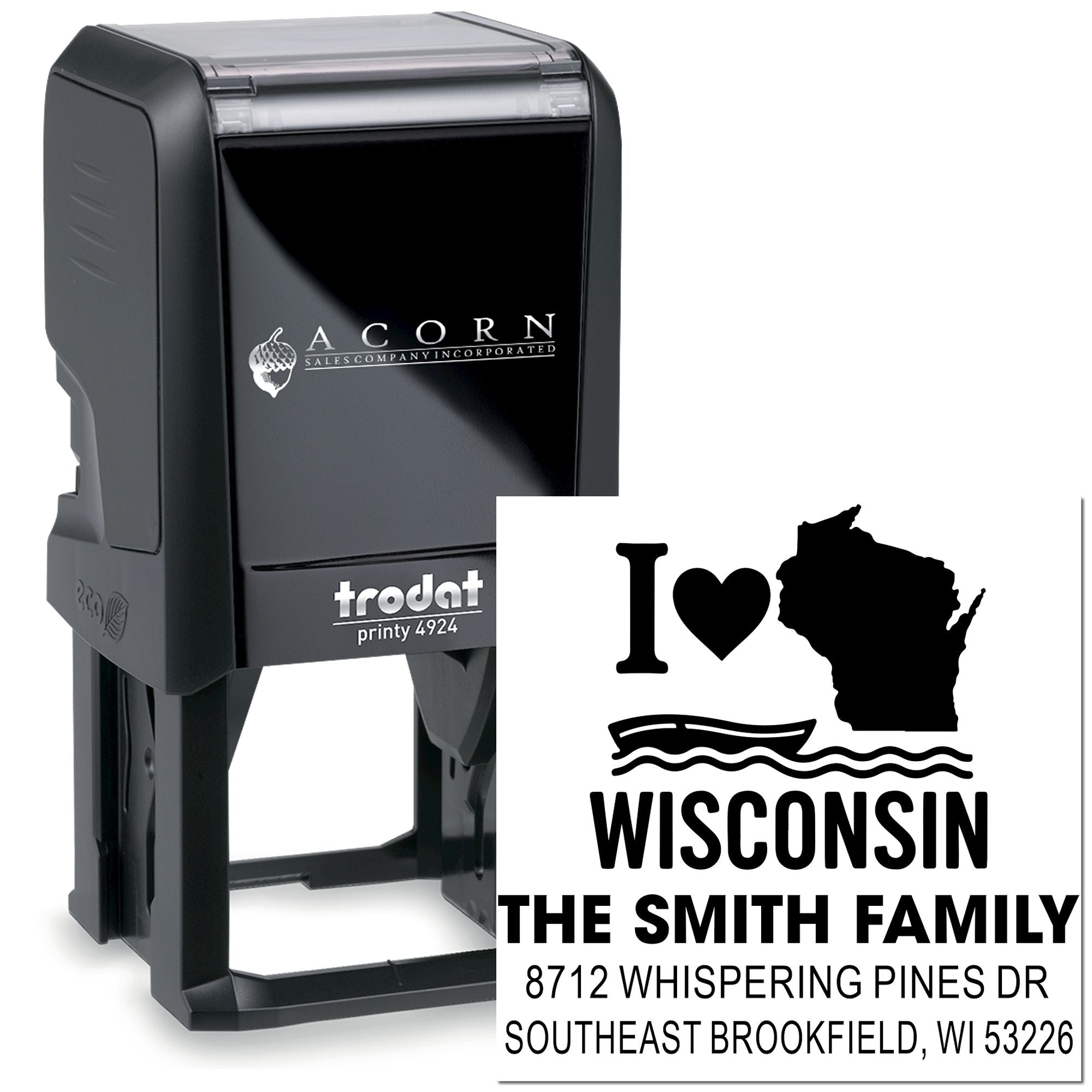 Custom self-inking Trodat stamp with I ? Wisconsin design, Wisconsin silhouette, Smith family name, and address for personalized return mailing.