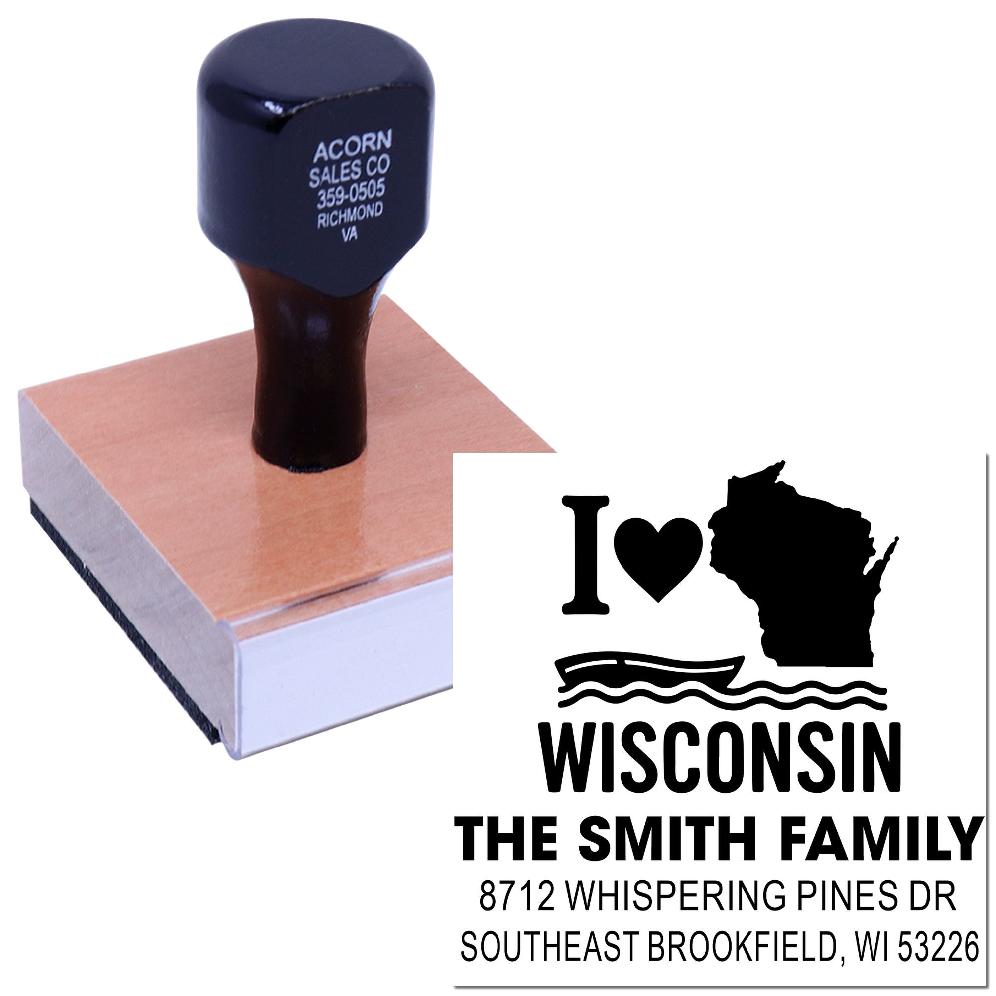 Custom self-inking Wisconsin address stamp with I love Wisconsin design, shown on wooden base with The Smith Family imprint.