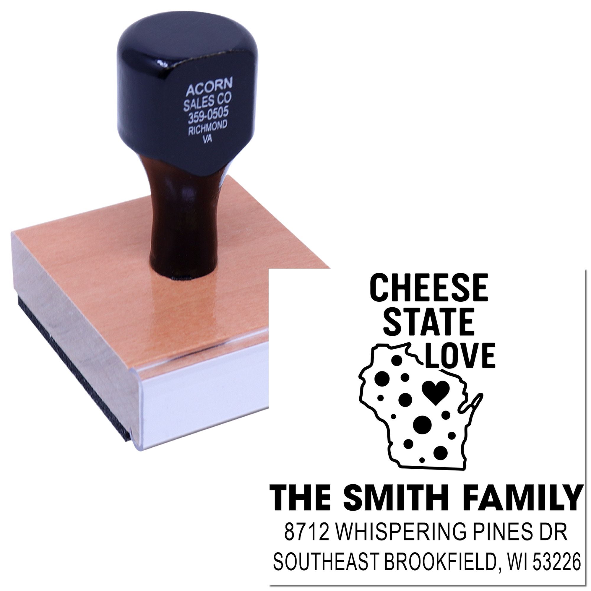 Custom self-inking cheese state love address stamp with Wisconsin map, family name, and home address on a white background.