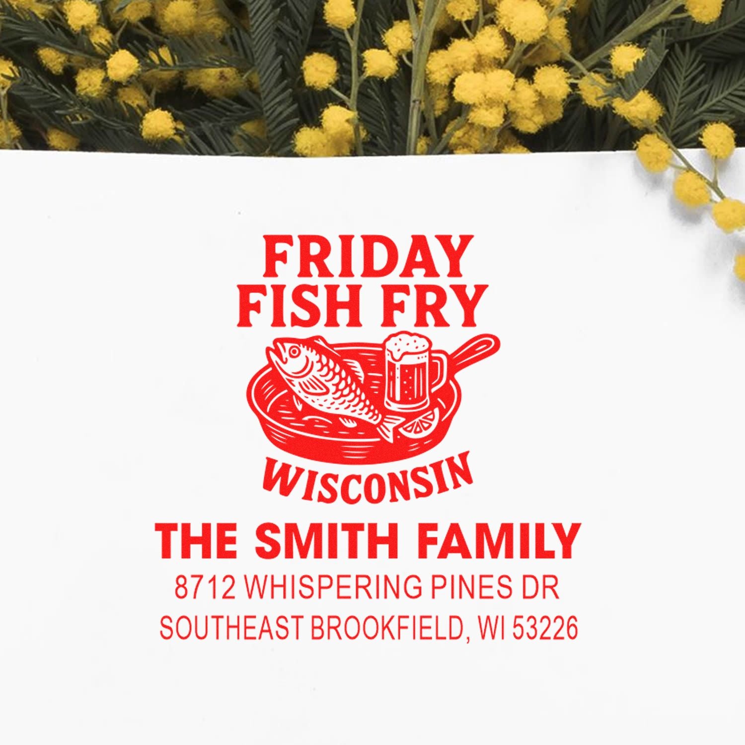 Red Friday Fish Fry Wisconsin return address stamp with fish and beer illustration, featuring The Smith Family and Southeast Brookfield address on white paper.