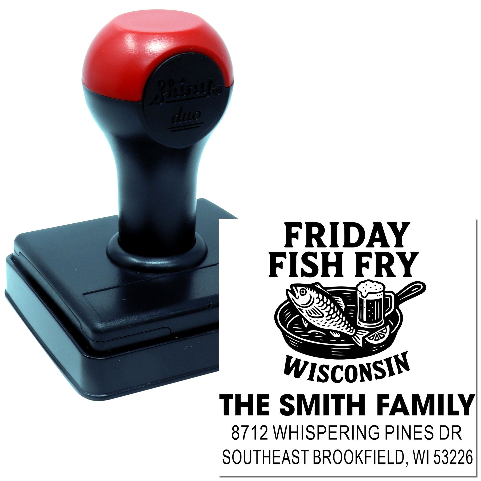 Custom self-inking stamp with Friday Fish Fry Wisconsin design, fish and beer graphic, and The Smith Family address on white background.