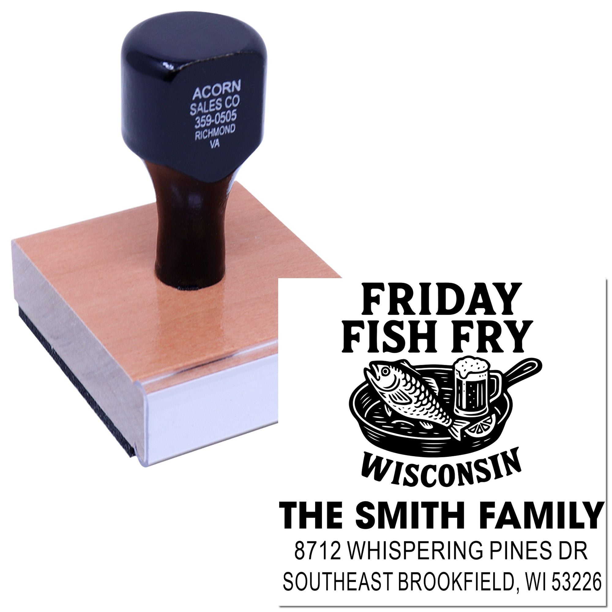 Custom rubber stamp for Friday Fish Fry Wisconsin, shown on a wooden block with fish fry logo and family address impression.