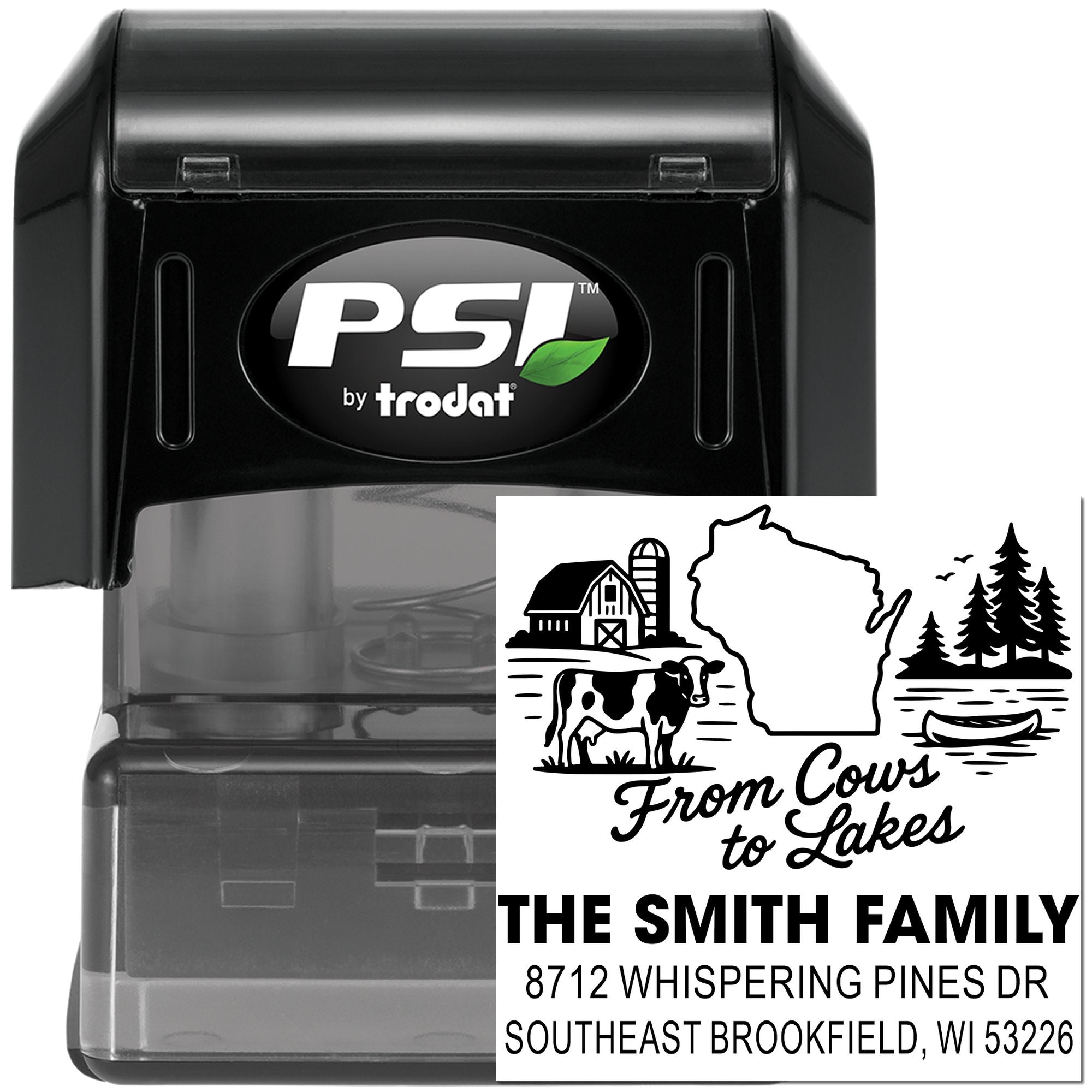 PSI by Trodat personalized self-inking address stamp with Wisconsin farm-and-lake design, cow, barn, pine trees, family name, and mailing address.