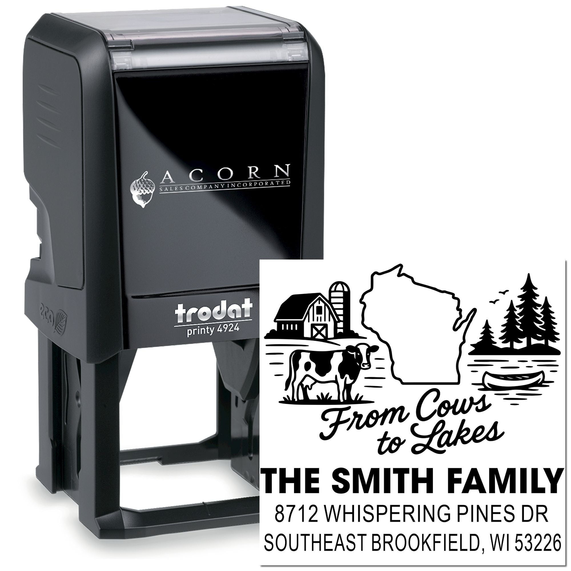 Custom self-inking stamp with farm and cows design, Wisconsin outline, and family address text, shown with black Trodat printy stamp case on white background.