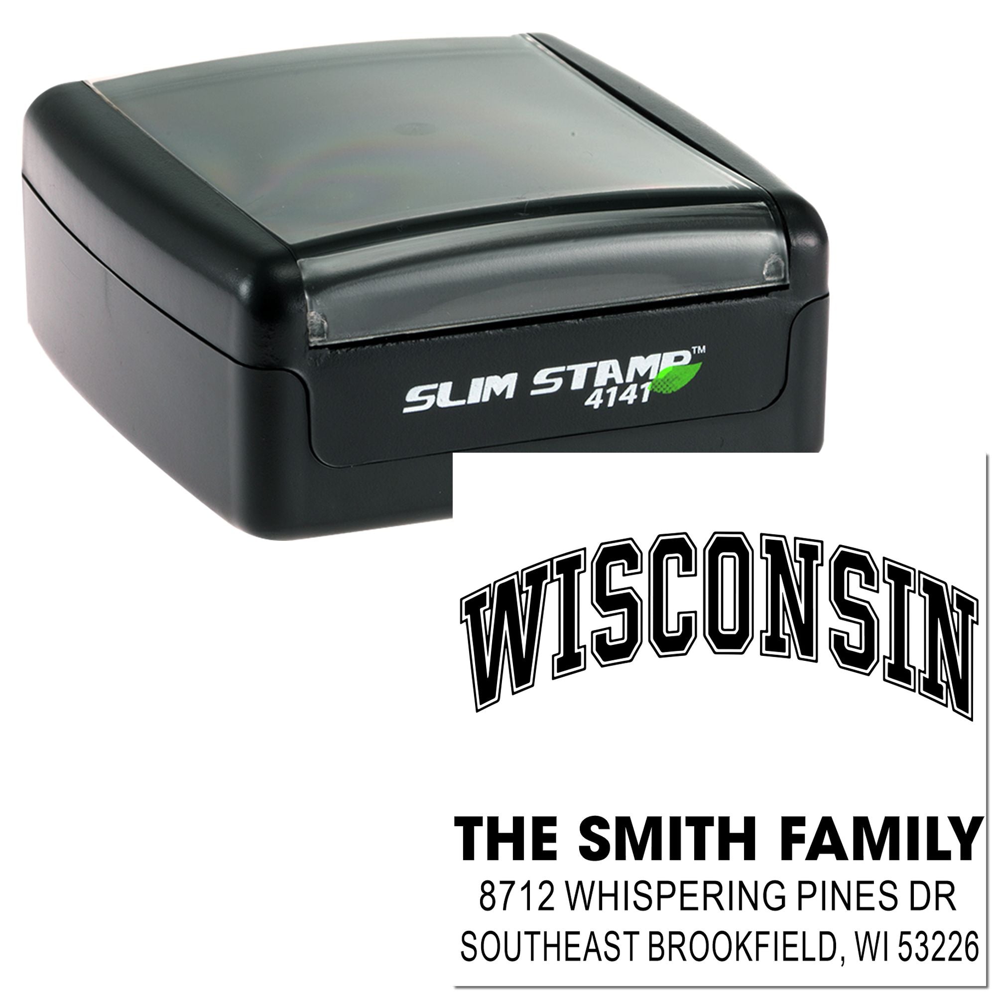 Self-inking Slim Stamp 4141 address stamp on white background with sample imprint: WISCONSIN, The Smith Family, 8712 Whispering Pines Dr, Southeast Brookfield, WI.